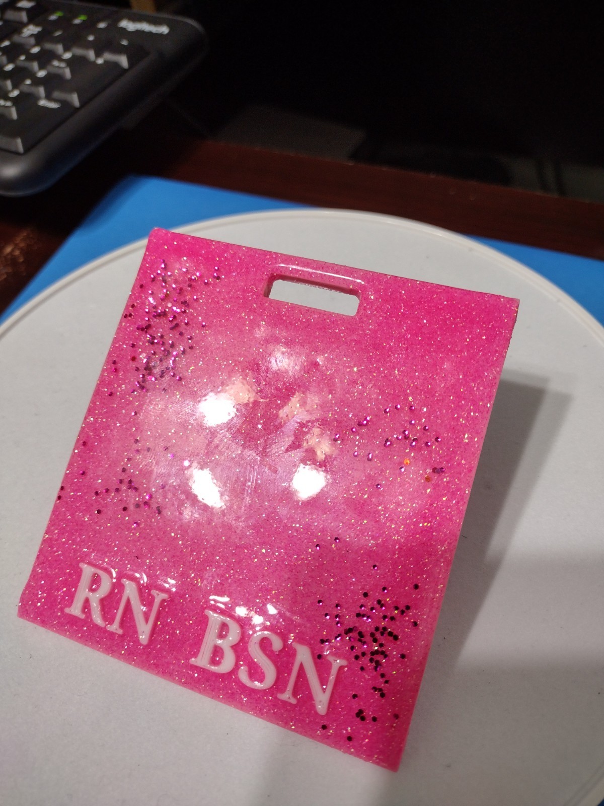 Badge Buddy or Buddy Badge With Your Title of RN BSN. With pink glitter design
