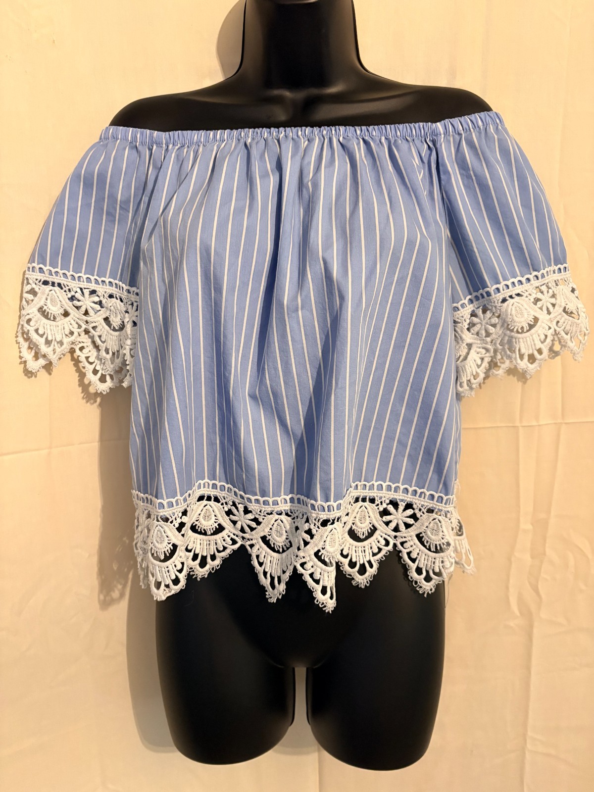 Women’s Clothing: Ambiance Blue & White Striped Top with Lace Edging Detail