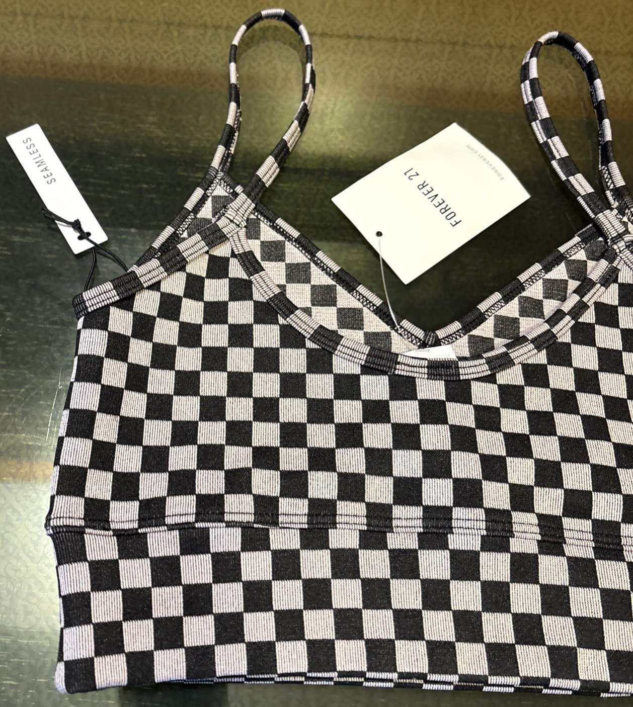 FOREVER 21 Crop Top Seamless Bralette Black Check Medium NWT