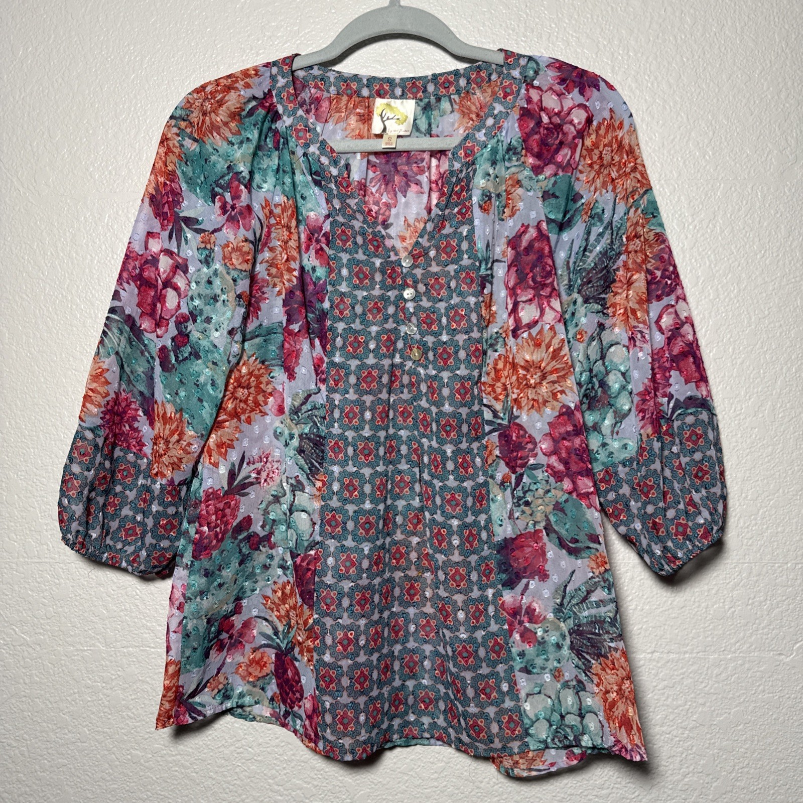 Fig & Flower Multi Color Floral Boho Festival Balloon Sleeve Blouse Colorful S