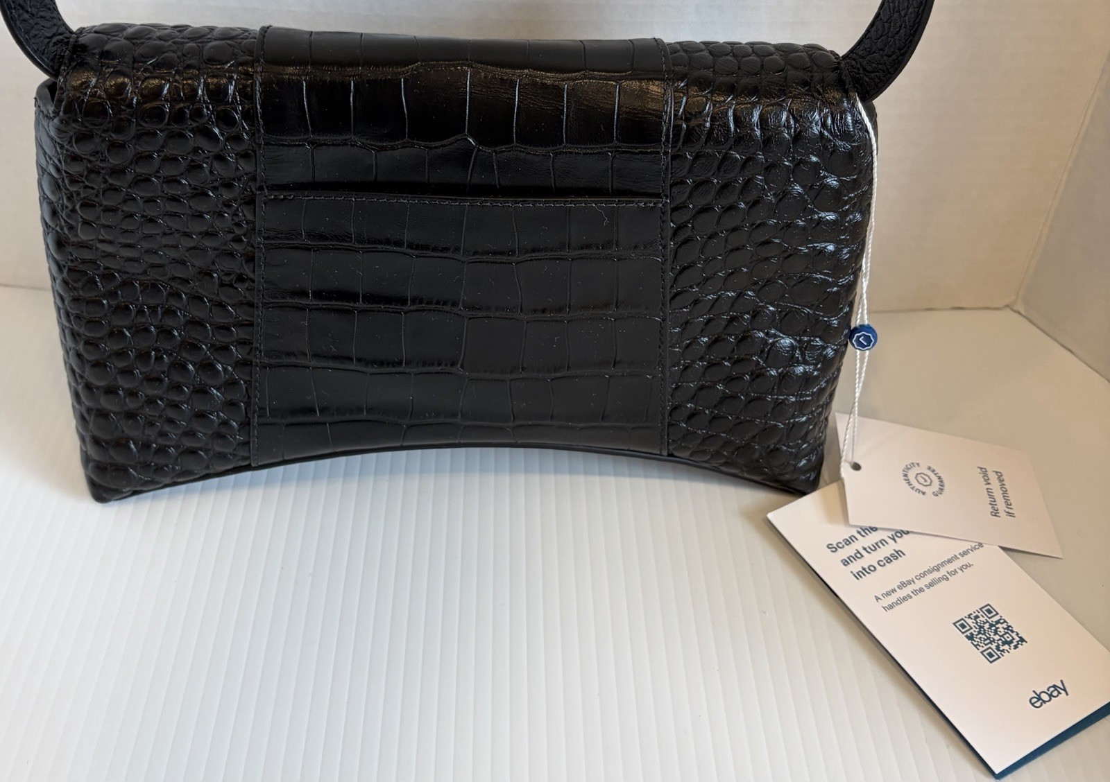 Pre Owned Black Croc Embossed Leather Balenciaga Shoulder Crossbody Handbag VGUC
