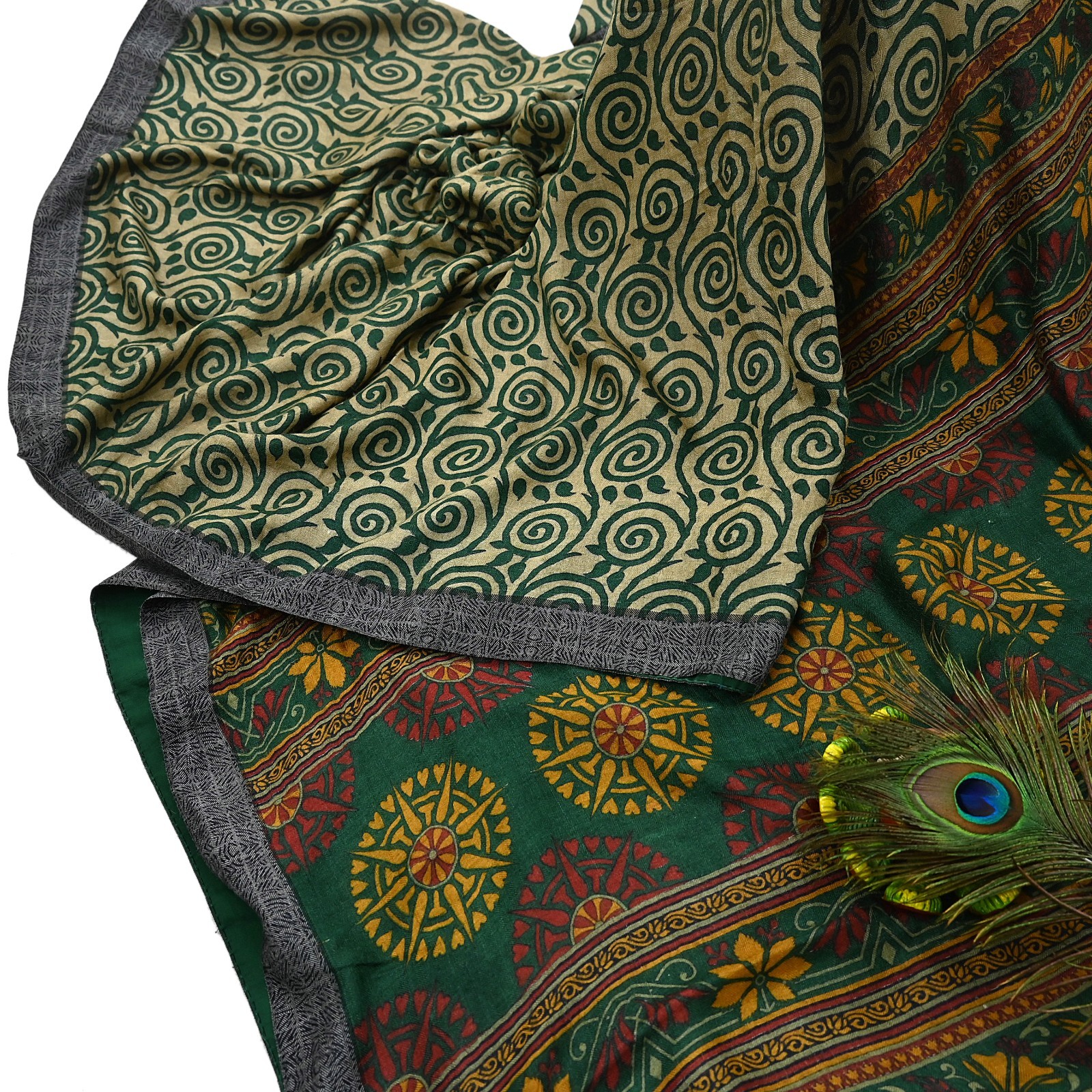 Vintage Beige Green Wool Saree Indian Pure Wool Floral Woven Fabric 6 Yard Soft