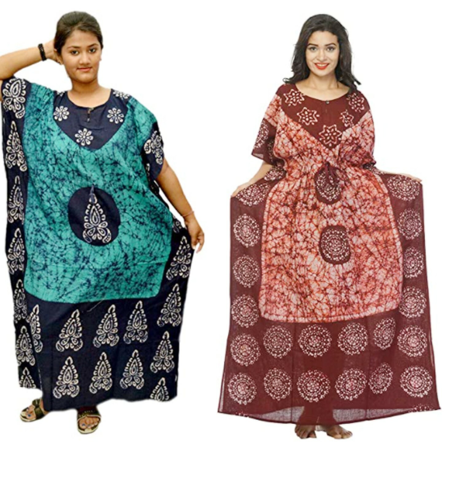 Cotton Batik Kaftan Pack of 2 Assorted Print Turquoise, Burgundy White Caftan