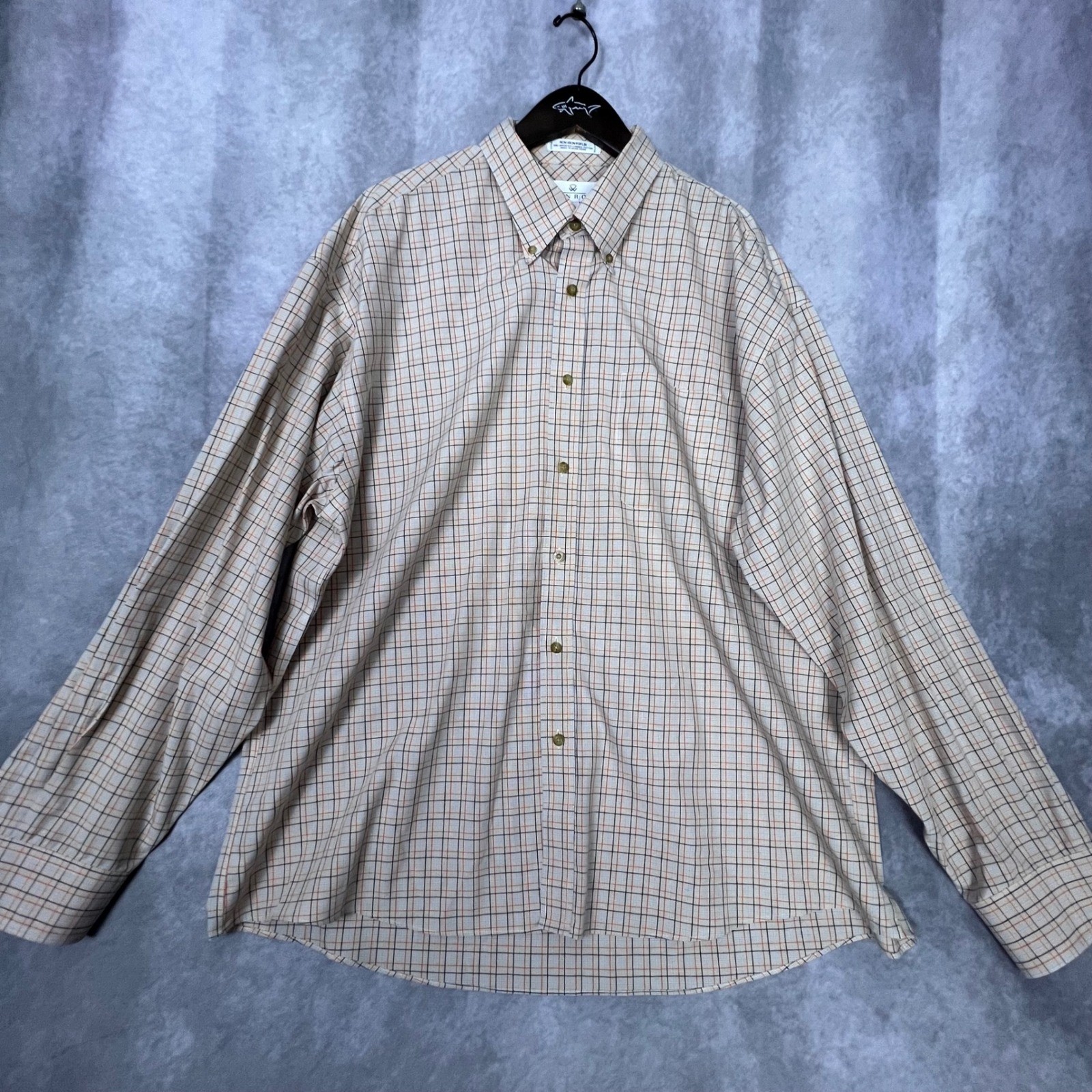 Enro Mens XXL Non-Iron Poplin Button Down Shirt Plaid Combed Cotton Tan Blue
