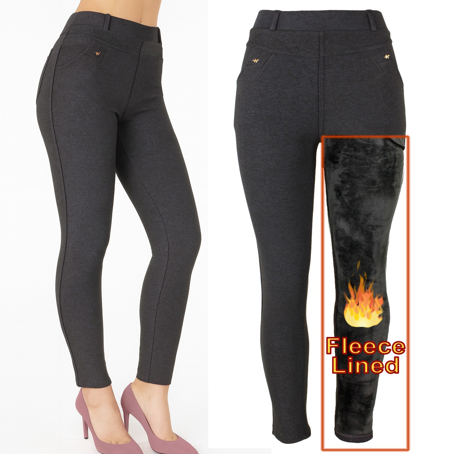 Womens Denim Look Winter Pants Warm Fleece Lined Stretch Thermal Dressy leggings