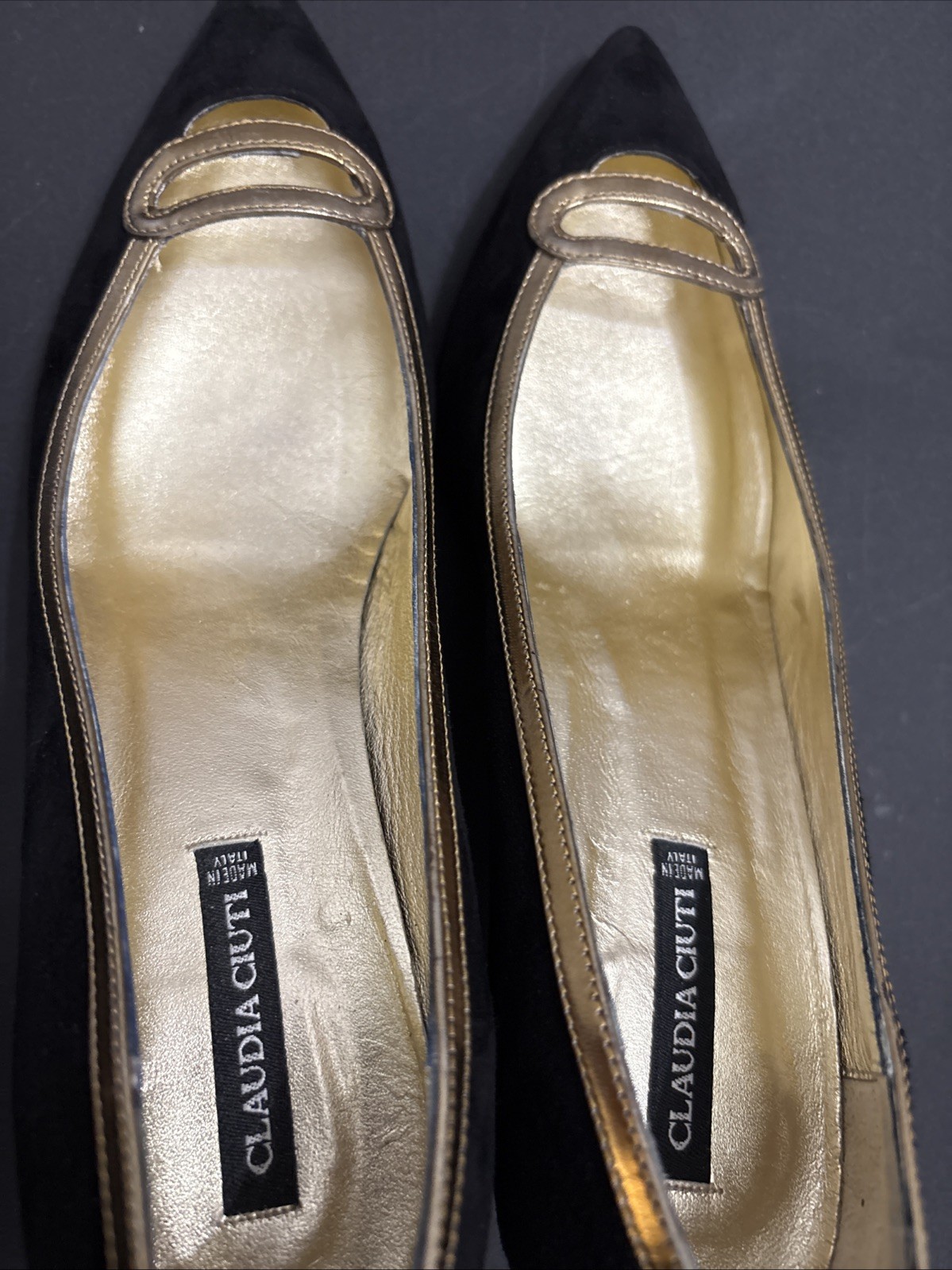 CLAUDIA CIUTI Black Suede & Gold Pointed Toe Heels Pumps Size 9.5 M