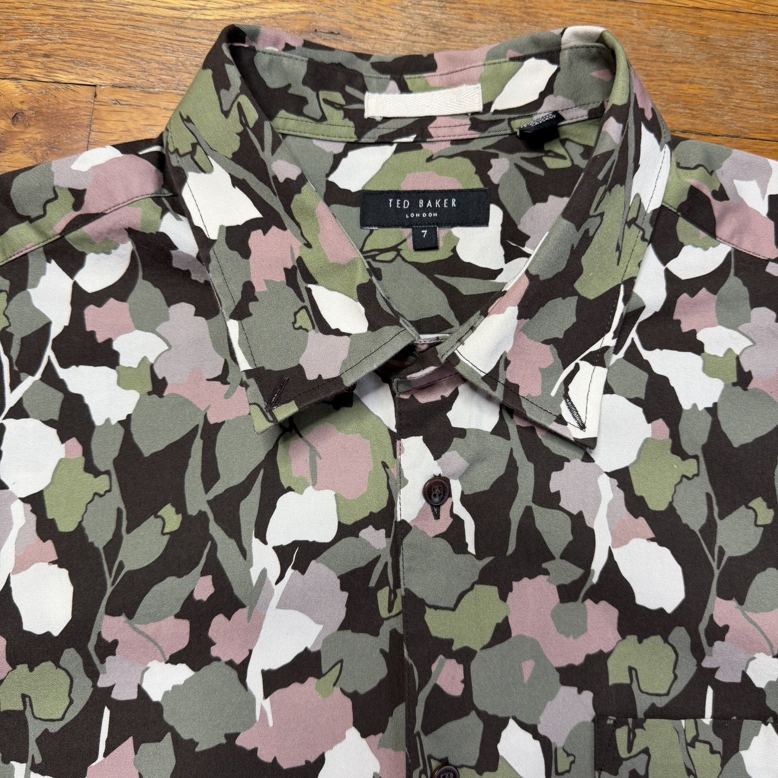 Ted Baker Men Button Up Shirt Size 7 3XL Cotton Floral Green Brown Pink Shirt