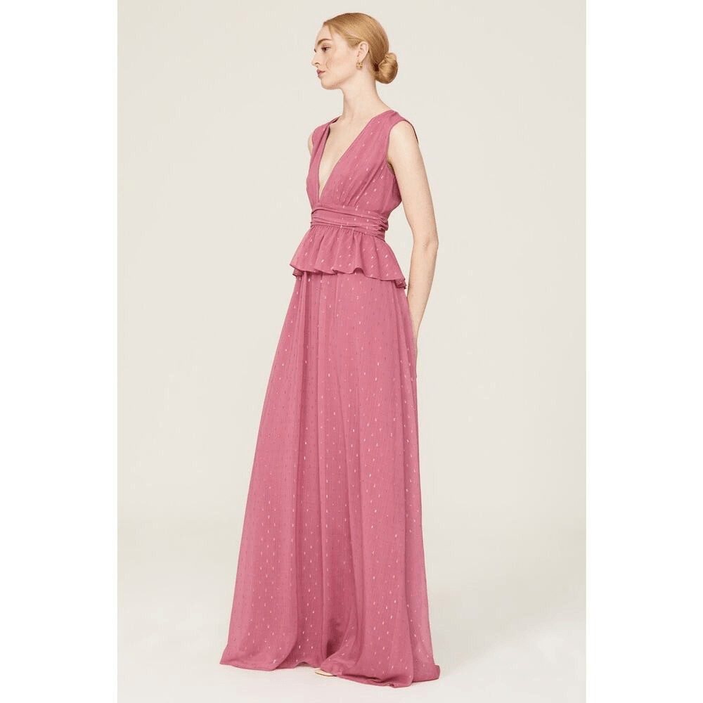 LDT Maxi Gown Women’s 4 Pink Rose Sleeveless V-Neck Peplum Waist A-Line RTR