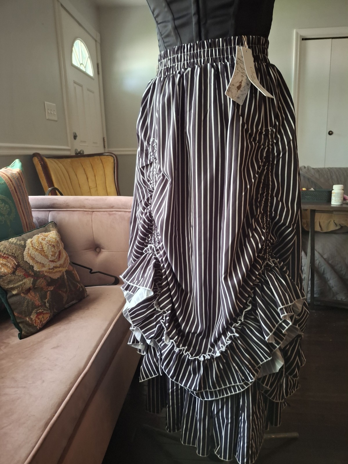 Belle Poque Steampunk Victorian Black White Stripe Skirt NWT Small
