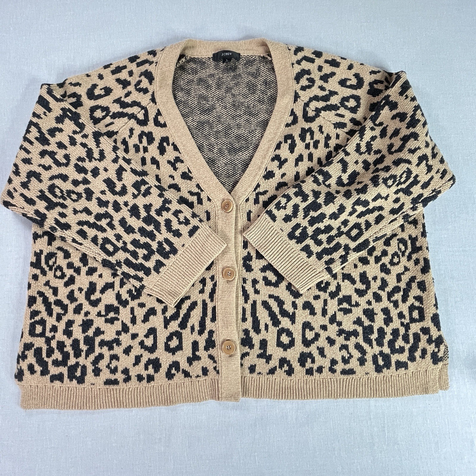 J.Crew Leopard Print Cardigan LG Tan Black Button Front Women Thick Sweater EUC