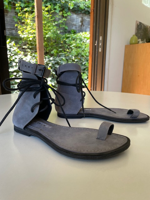 Ann Demeulemeester Grey Suede Lace Up Ankle Strap Sandals Shoes 37/7