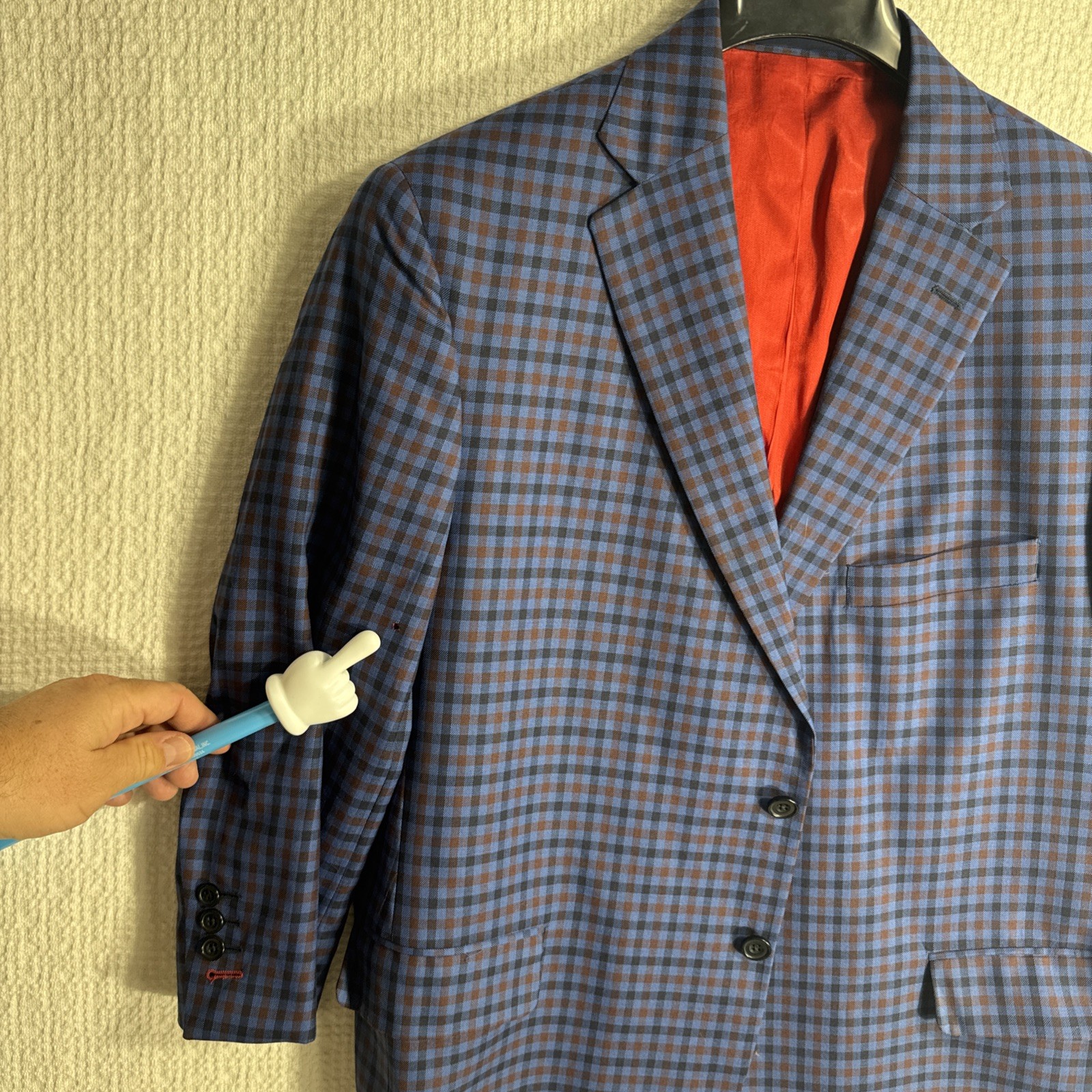@Hole Tom James Corporate Image Bespoke 44S Slim Blue Gingham Shortened Arms