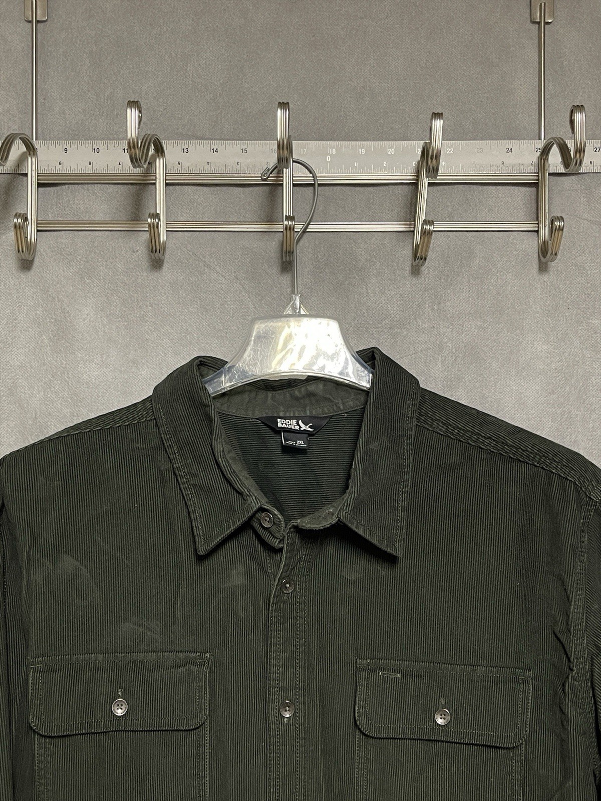Eddie Bauer Shirt Men XXL Green Heavy Pinwale Corduroy Velvet Elbow Pads Shacket