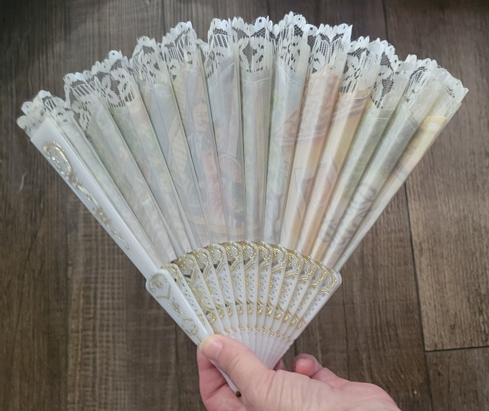 Spanish Folding Hand Fan Lace/Fabric/Plastic Fan Lovely Made In Spain Love Scene