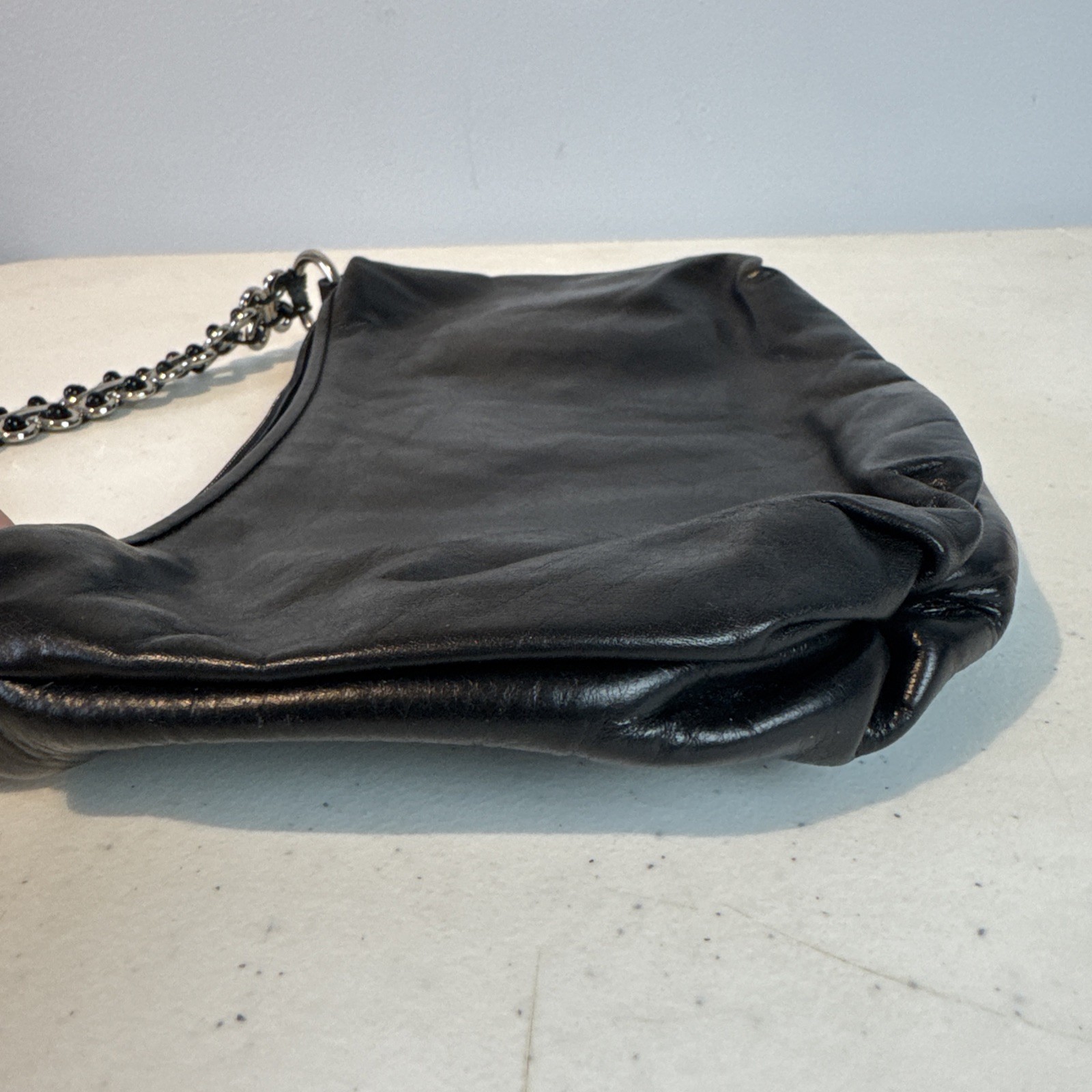 Elliott Lucca Black Leather Hobo Handbag Silver Tone Chain Strap Zipper