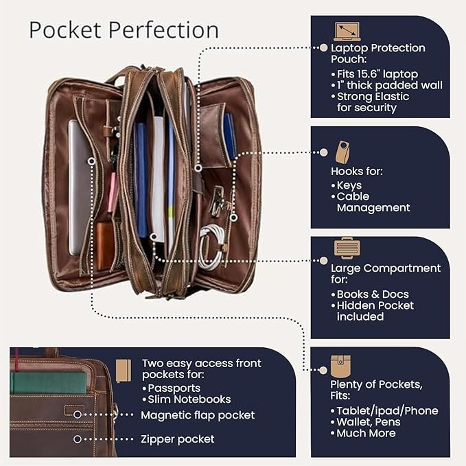 Luxorro Full-Grain Leather Laptop Bag Briefcase; 15.6-inch, Dk Brown: Brand New