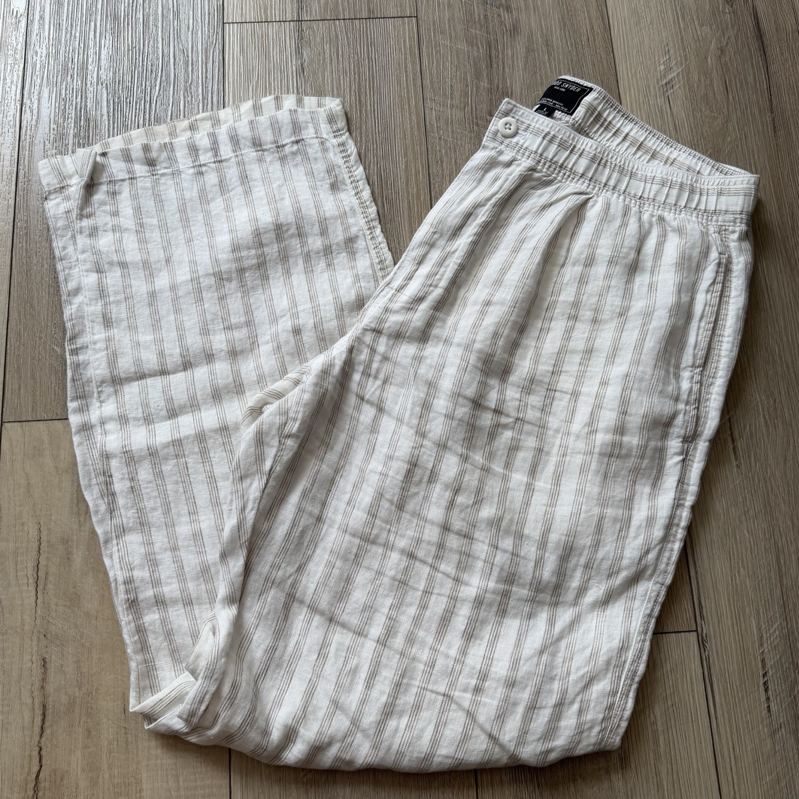 TODD SNYDER Relaxed 100% Linen Leisure Pants in White Striped Pleated L $198