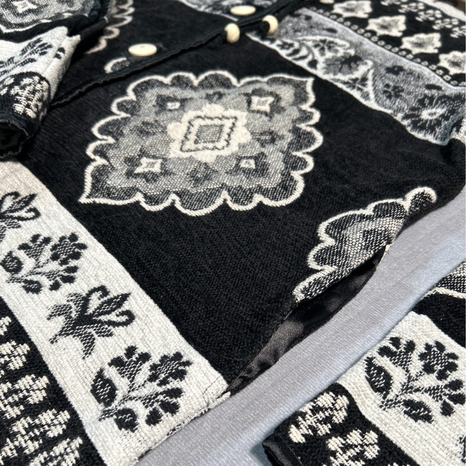 Flashback Cardigan Black White Tapestry Floral Jacket VTG Boho Chic Festival Y2K