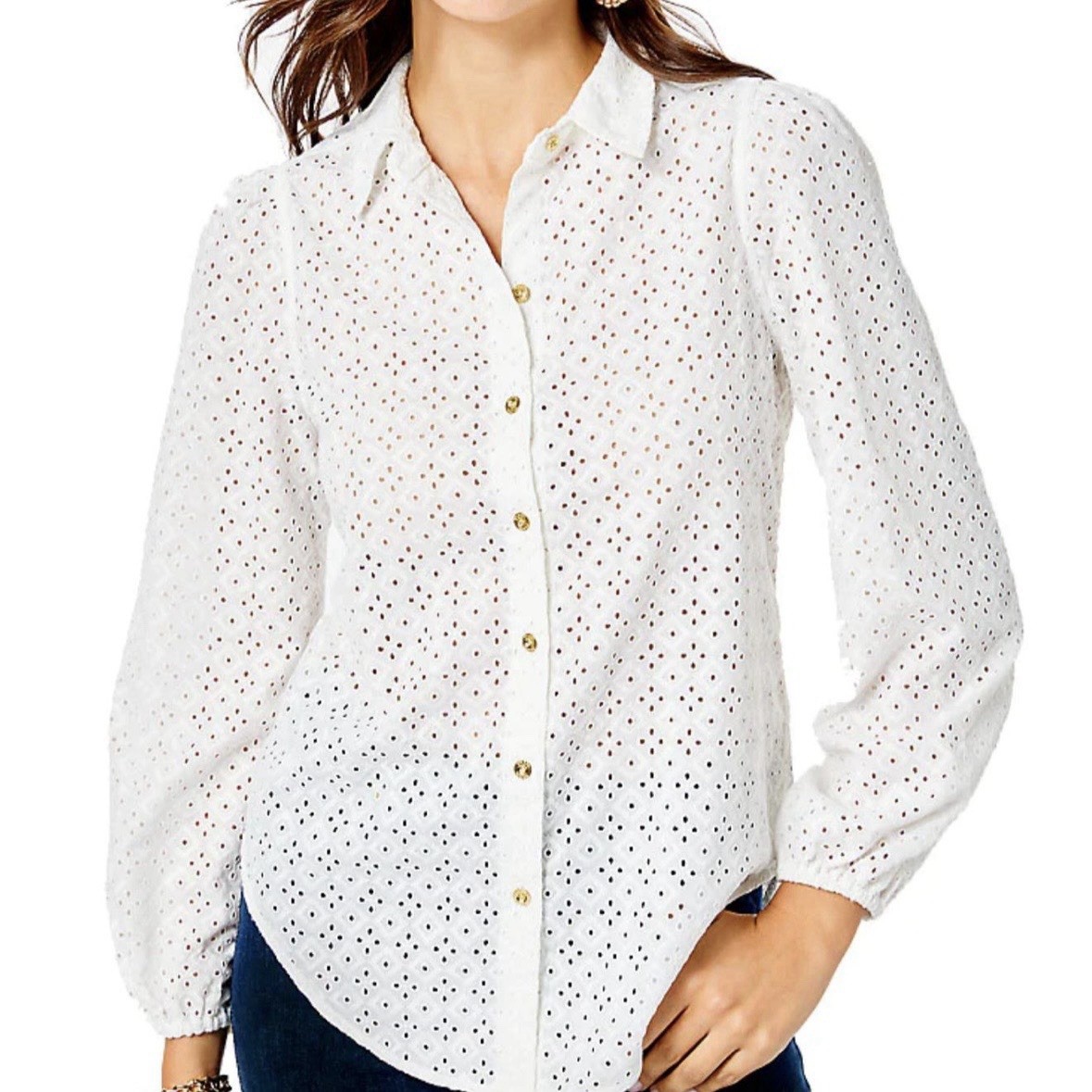 Lilly Pulitzer White Sea View Eyelet Gold Puff Sleeve Button Down Size XS