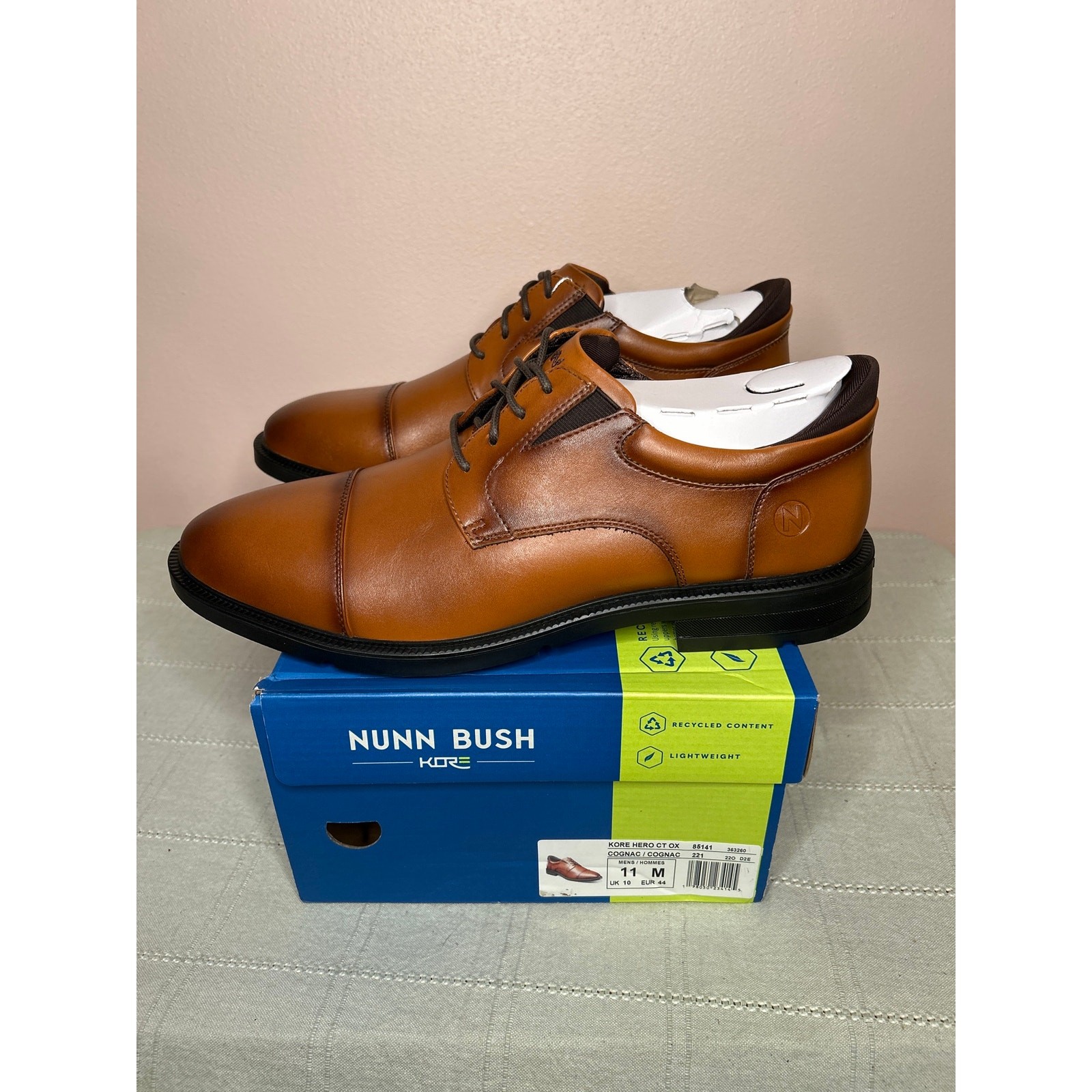 Nunn Bush Kore EZ Hero Cap Toe Oxford Cognac Size 11 M Slip Resistant Lace Up