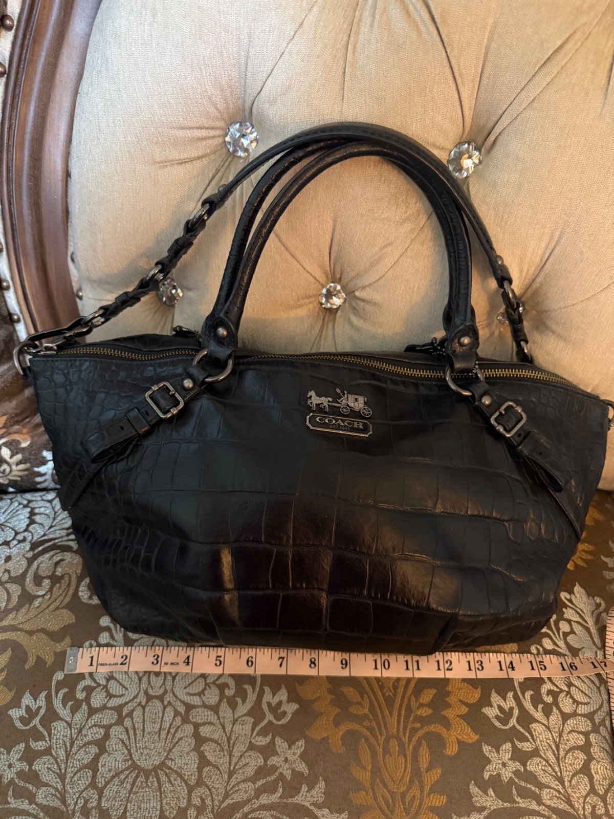 Coach Madison Sophia Croc Charcoal Leather Large Satchel Antique Black Handbag