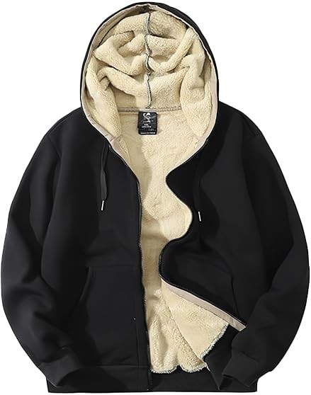 Men’s Warm Thicken Fleece Hoodie Sherpa Lined Full-Zip Sweatshirt Jacket (Bla…