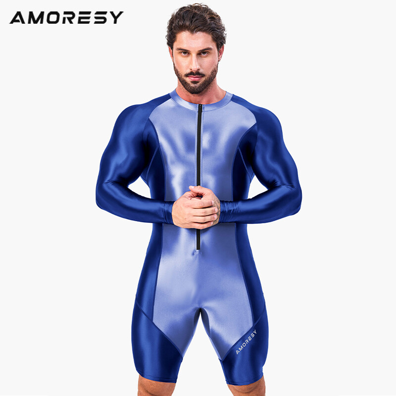 AMORESY Men Glitter Tracksuits Long Sleeve Fitness Overalls Gymnastics Leotards