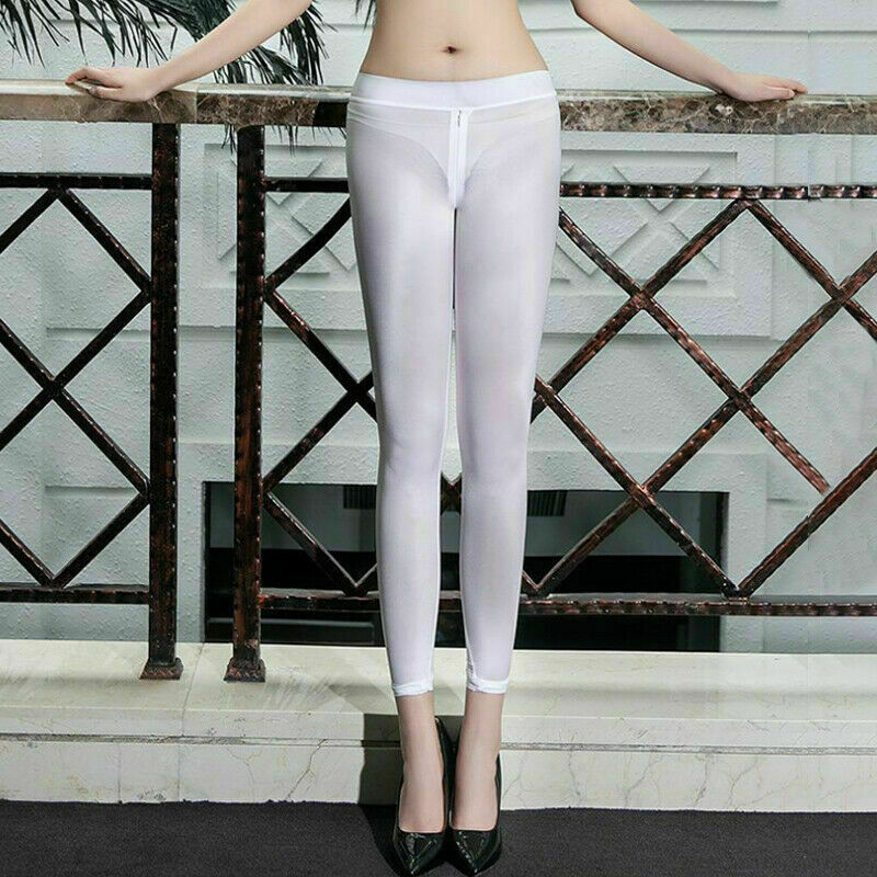 Women/Lady Sheer Shiny Zipper Open Crotch Leggings Silky Trousers Pants Clubwear