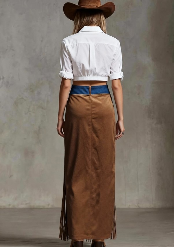 Women’s Western Fringe Suede Maxi Skirt with Denim Waist & Slit