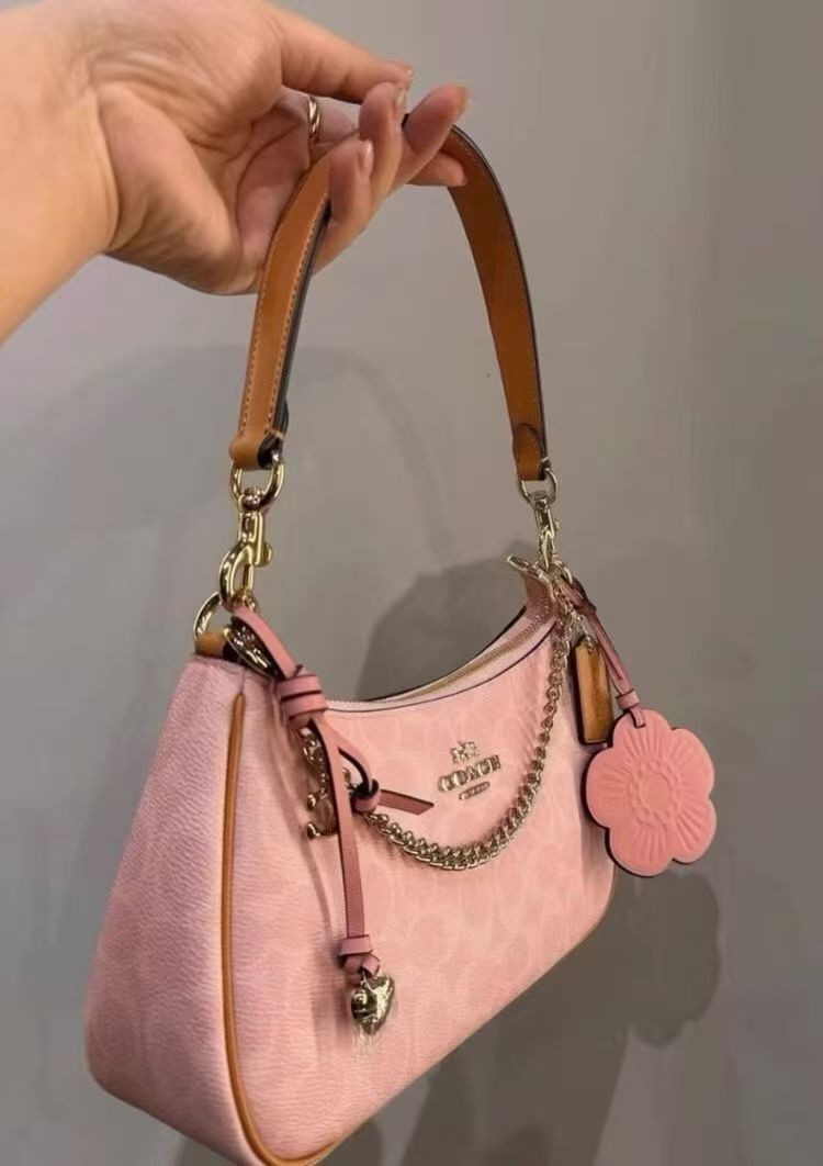 COACH CEA20 Teri Shoulder Bag Signature Canvas Pink Gold Crossbody Women NWT