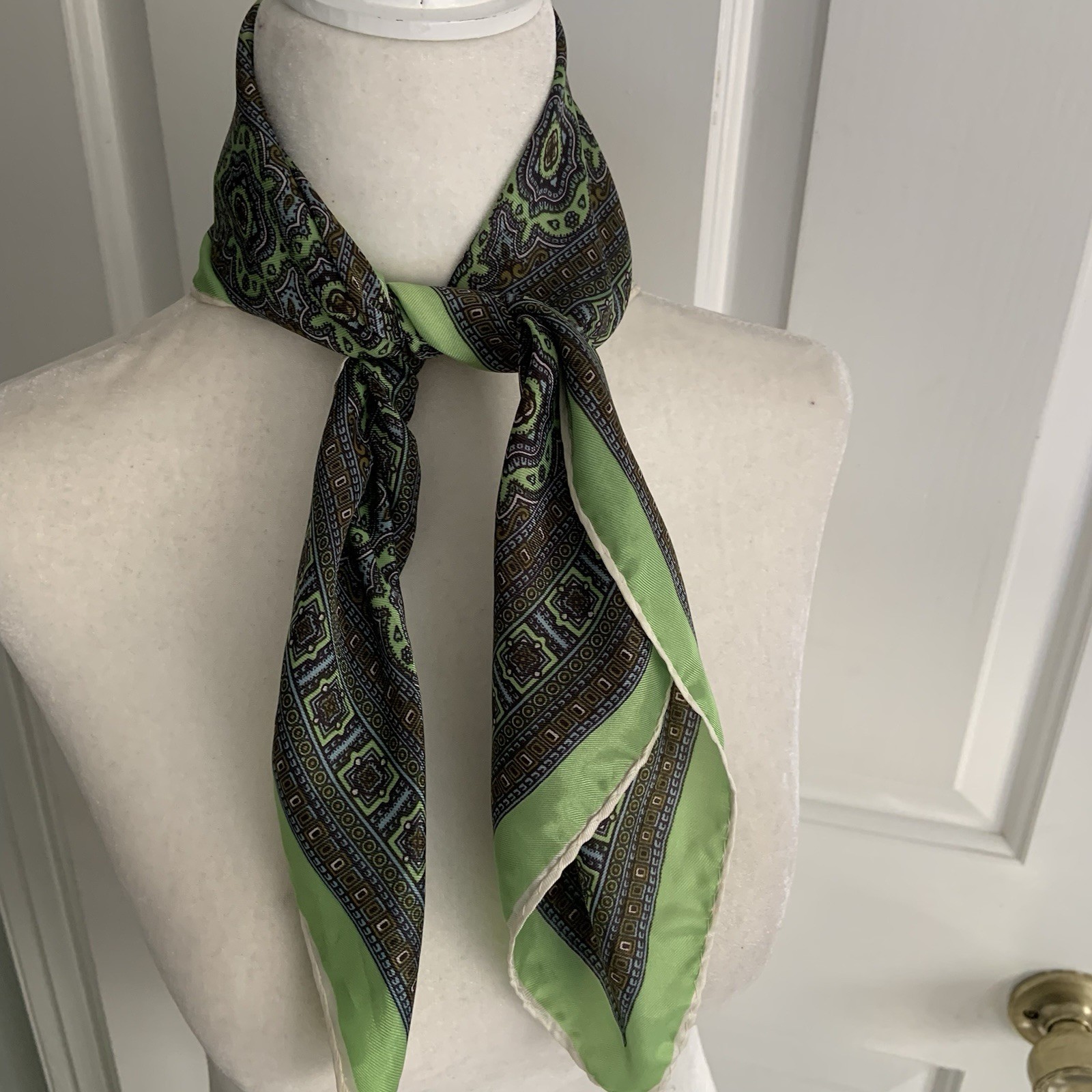 vintage 23in square Lime Green Medallion print rolled edge scarf