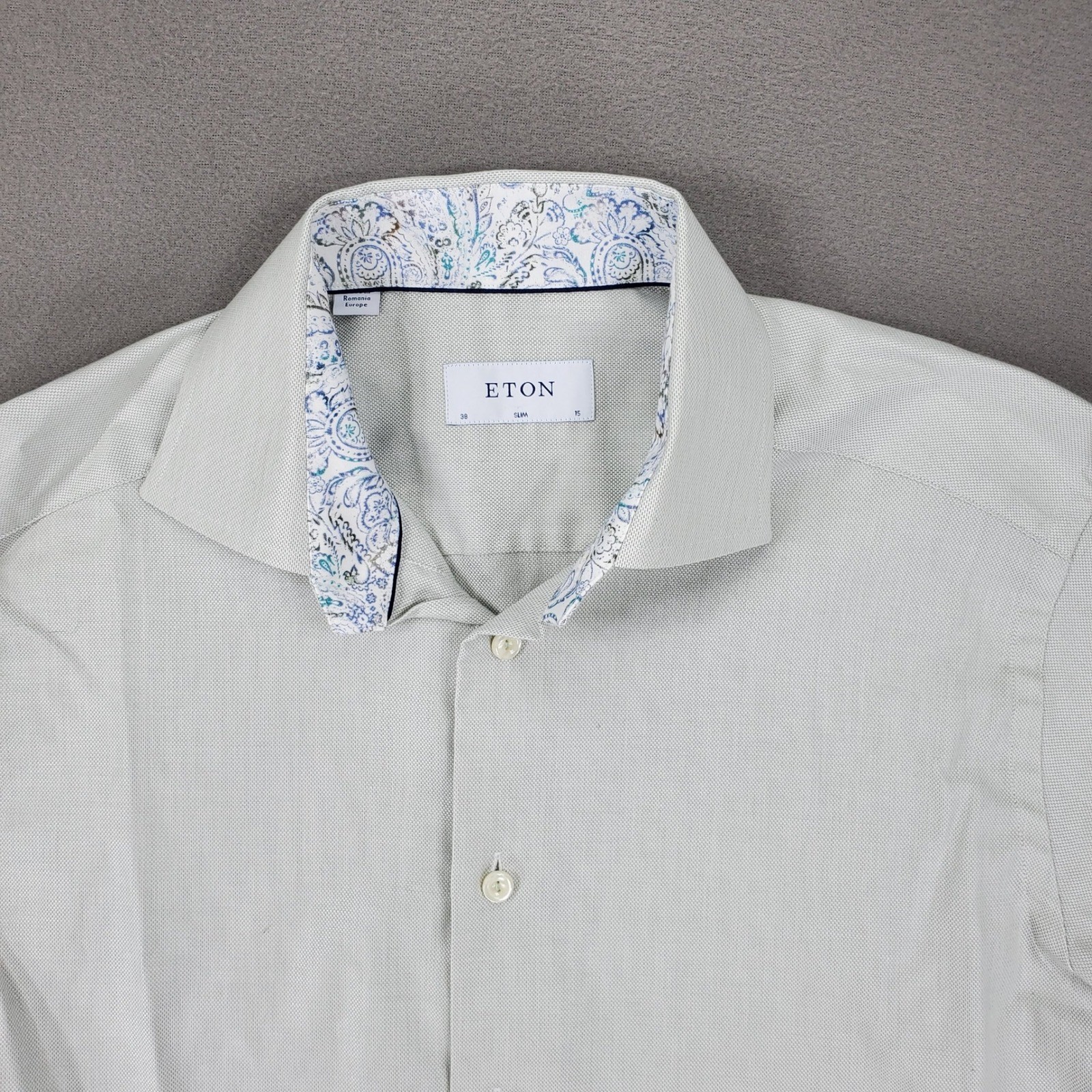 Eton Button Up Shirt Men 15/38 Light Green Slim Fit Paisley Contrast Long Sleeve