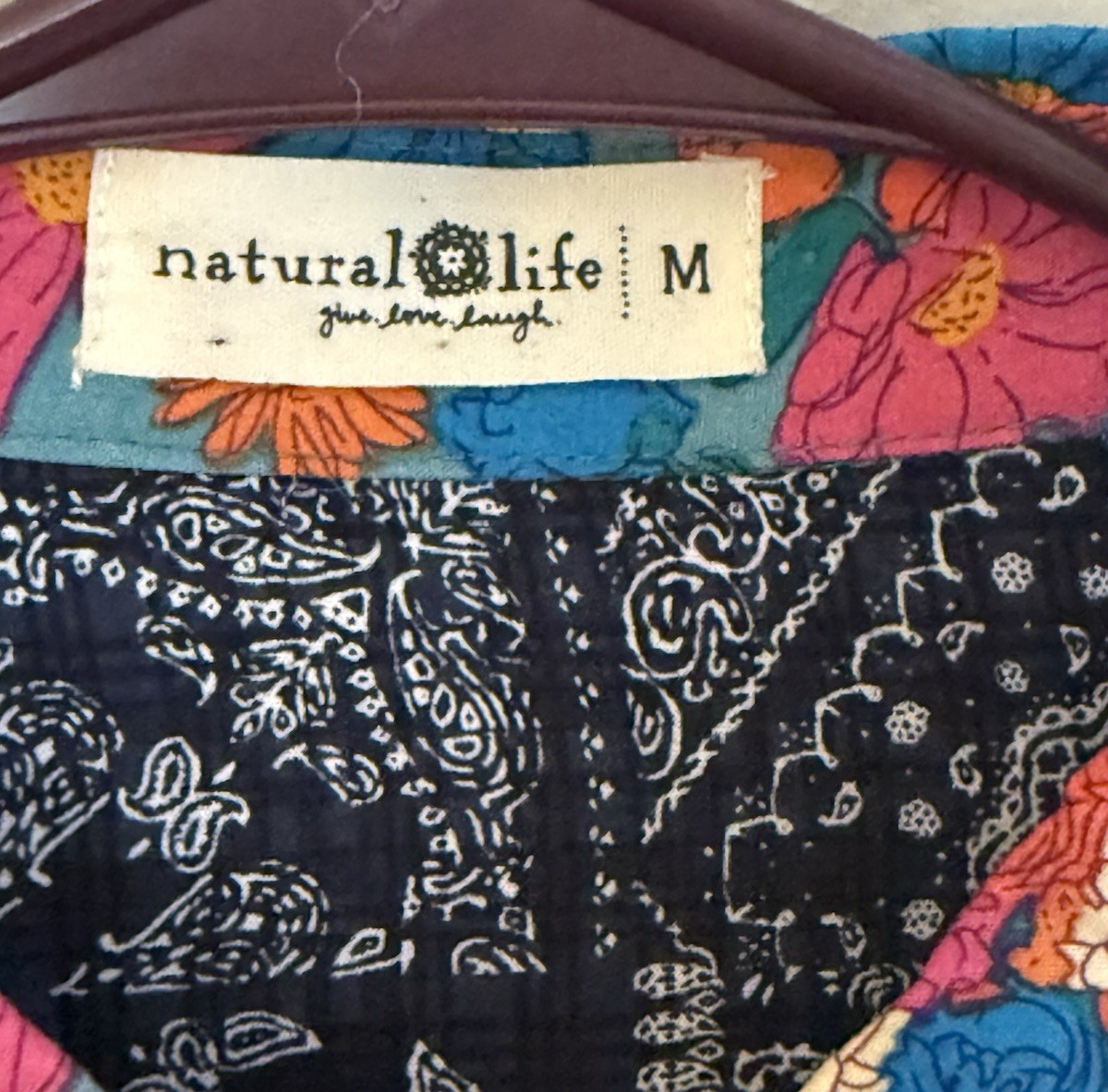 Natural Life Esme Patchwork Mixed Print Floral Maxi Shirt Dress Boho Artsy Sz M