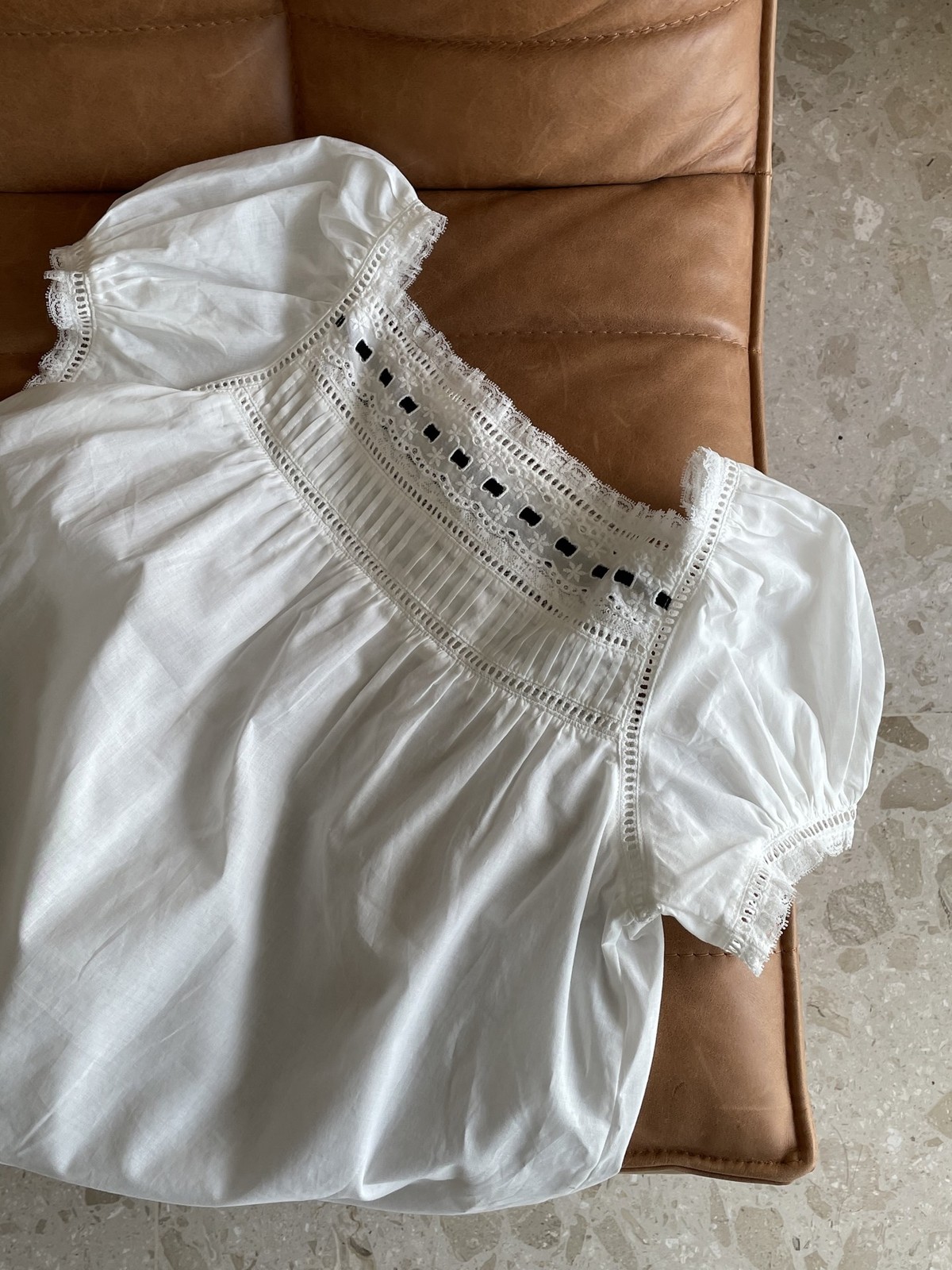 Women Doen Square Neck Lace Short Sleeve Loose Blouse Top