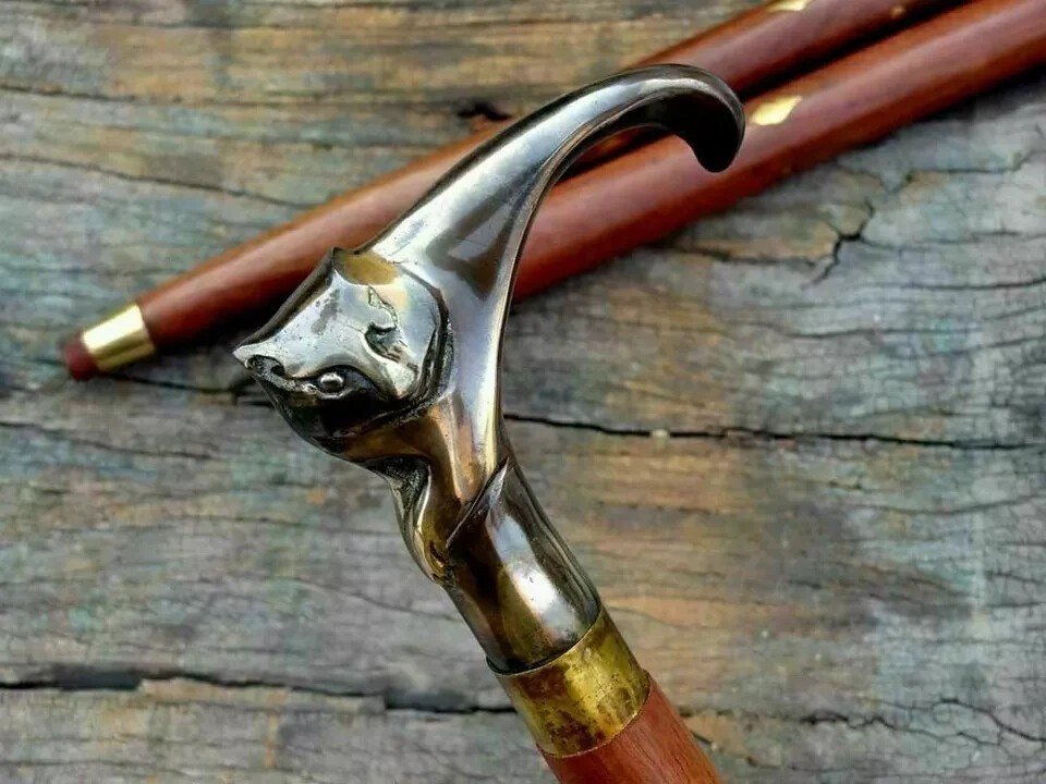 Nautical Antique Solid Brass Cat Head Handle Vintage Wooden Walking Stick Cane