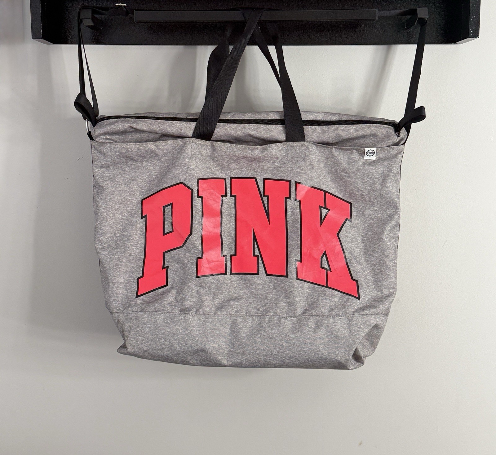 PINK Large Gray Tote Bag Pink Logo Zip Closure Detachable Adjustable Strap