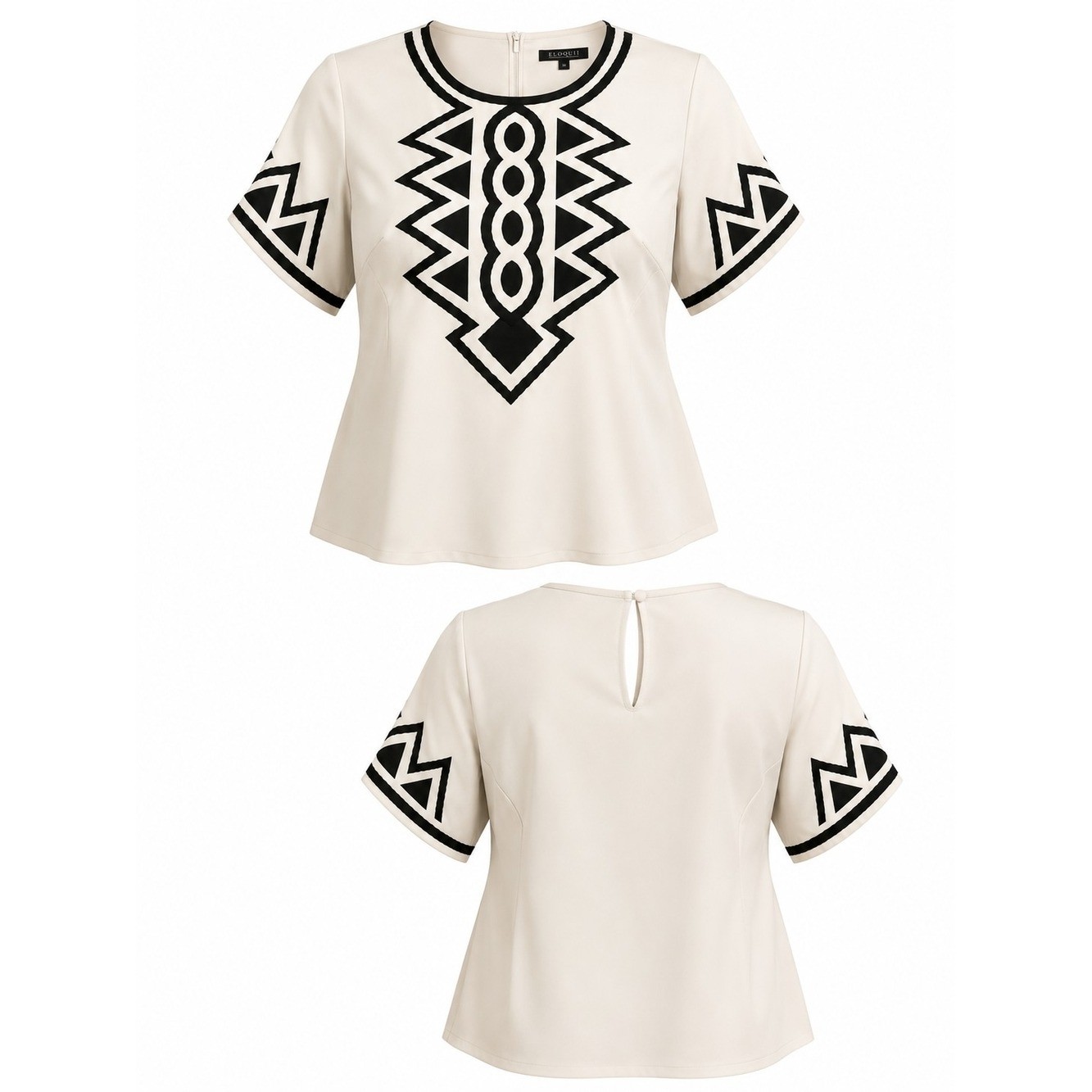 ELOQUII | Tribal Geometric Ivory Black Silky Blouse Keyhole Pullover Top | 20