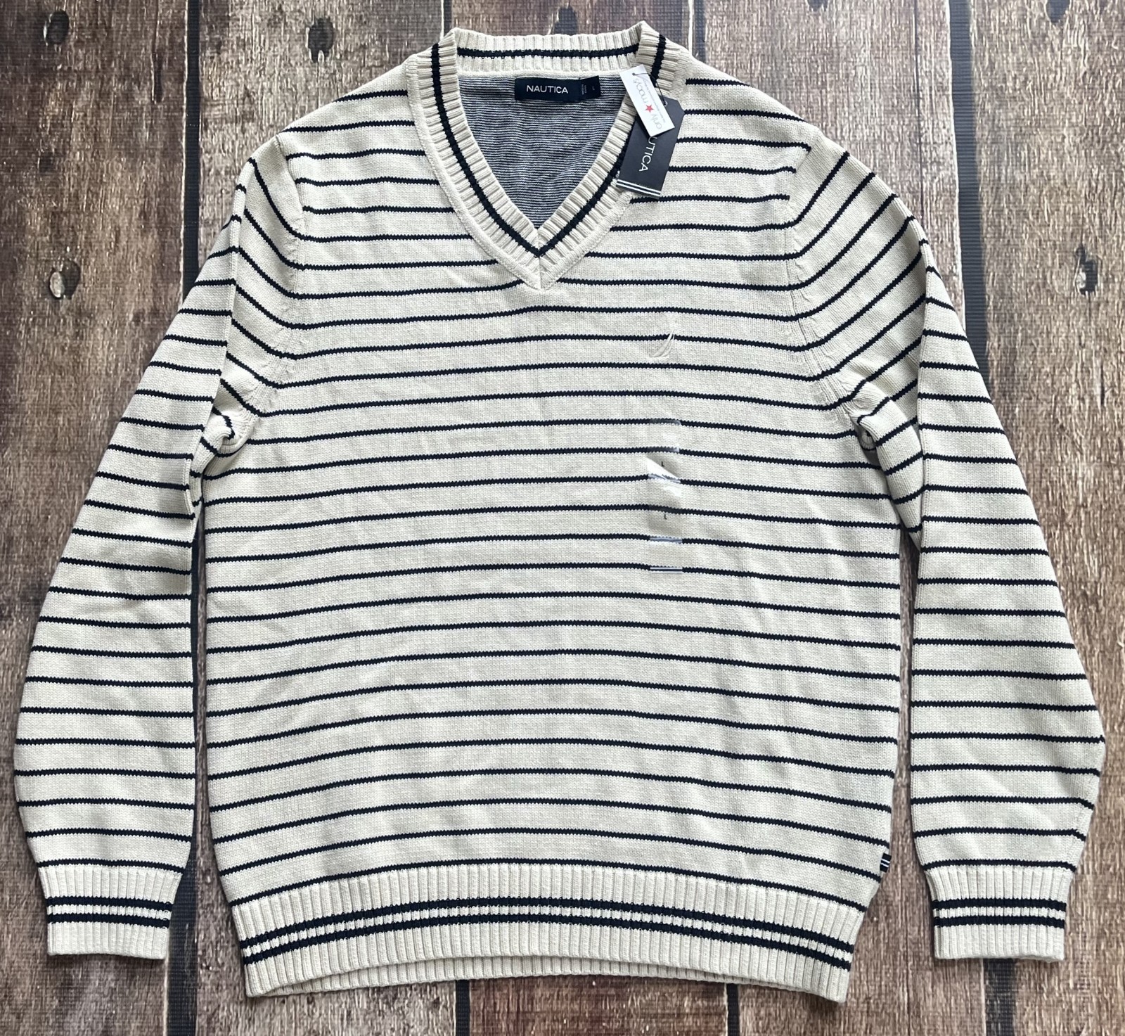 NAUTICA STRIPED V-NECK PULLOVER SWEATER BONE WHITE MENS LARGE NEW $89