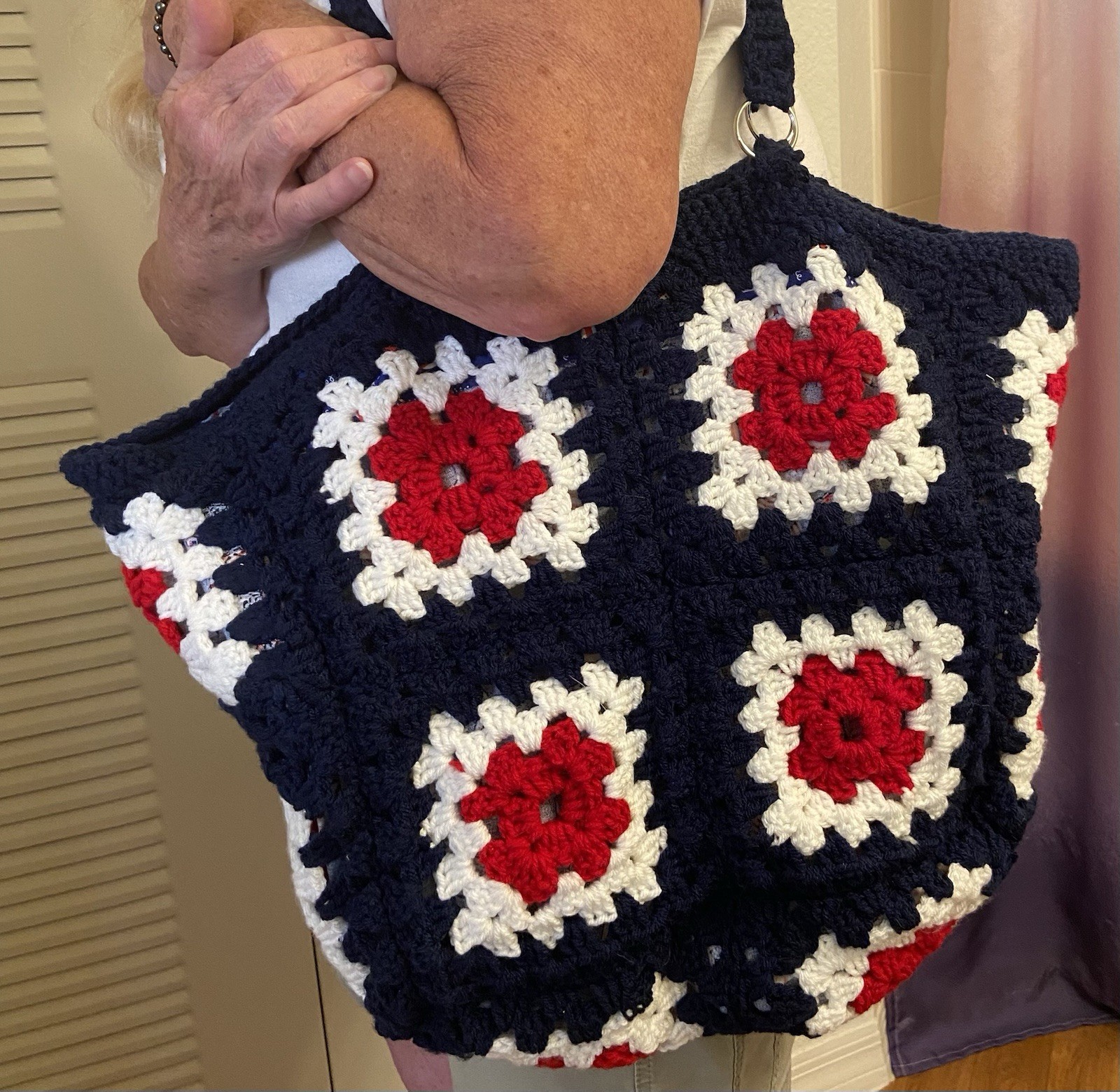 Handmade Crochet Red, White,Blue farmer’s market and all around great lined tote