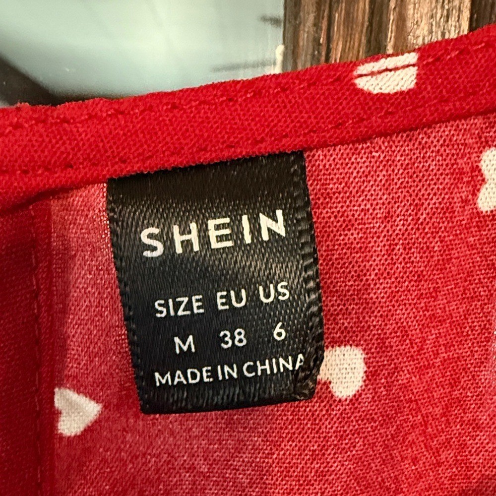 SHEIN Womens Red Heart Print Peplum Blouse Short Puff Sleeve Top Size Medium 6