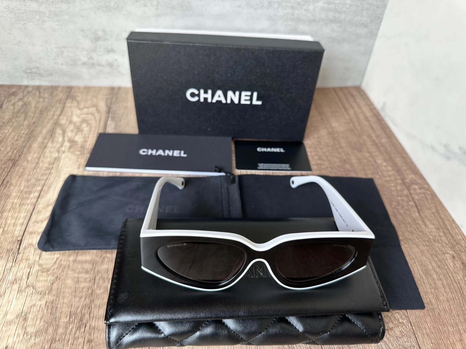 CHANEL SUNGLASSES BLACK WHITE FRAME CLASSIC 6056 CAT EYE WOMEN