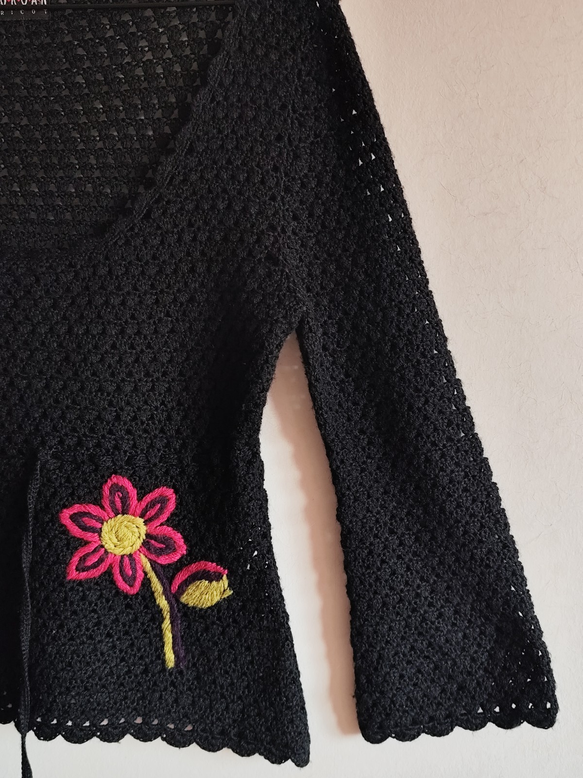 Morgan Tricot Coquette Crochet Y2K Top Vintage With Flower Black M