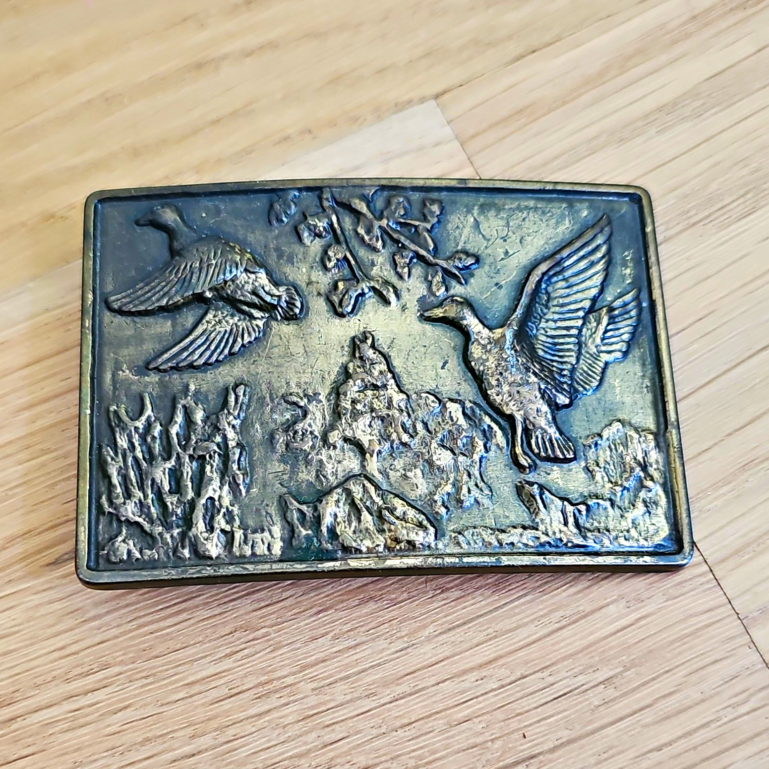 Men’s Western Rectangular Belt Buckle Duck Nature Scene Silver/Black 1.75in