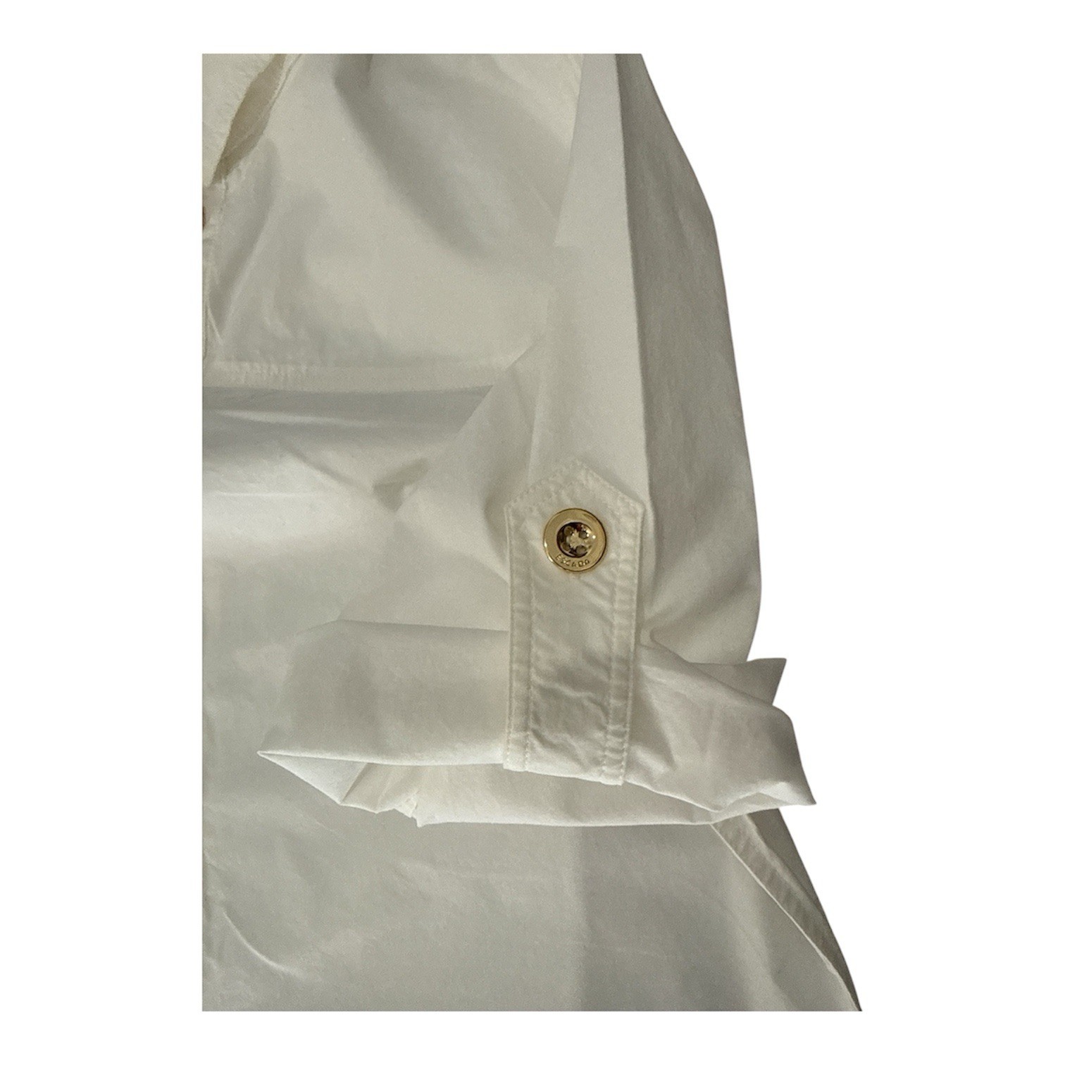 ESCADA White Tunic Blouse Gold Logo Buttons Roll Tab Sleeve Size 38 EU