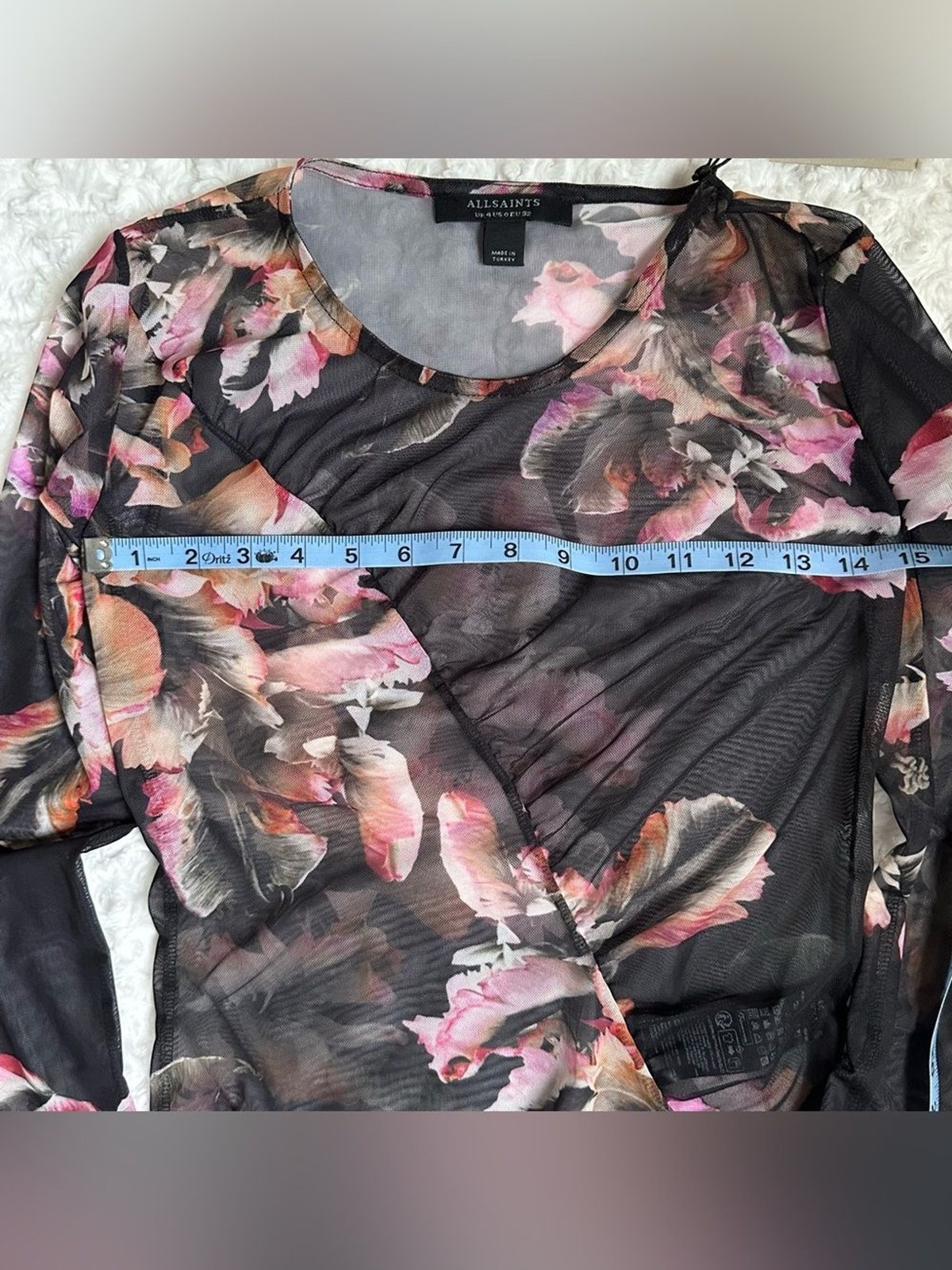 AllSaints Floral Mesh Ruched Top NWT XS Sheer Long Sleeve