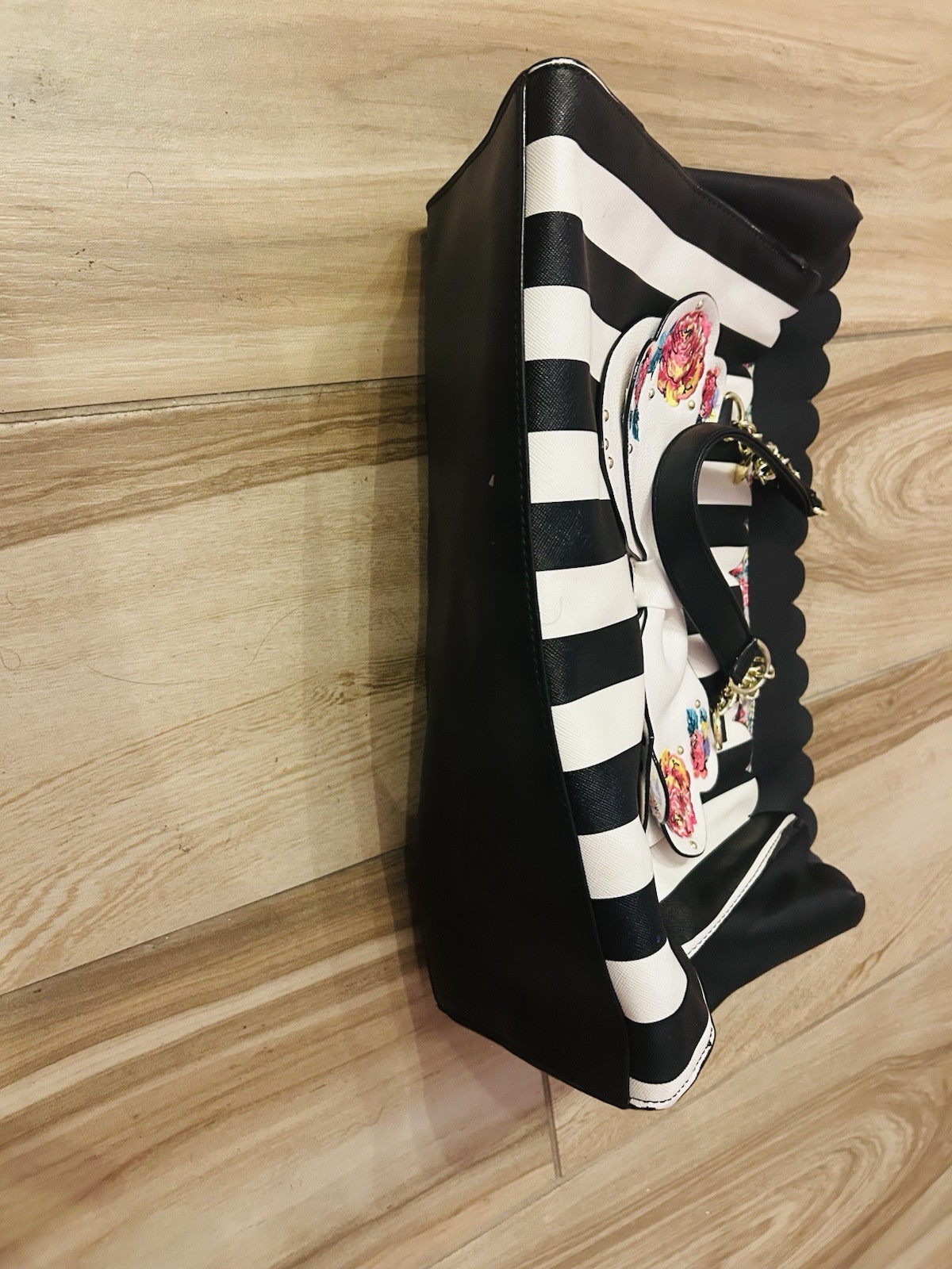 Betsey Johnson Black White Striped Satchel Top Handle Zip Bow Gold Chain Strap