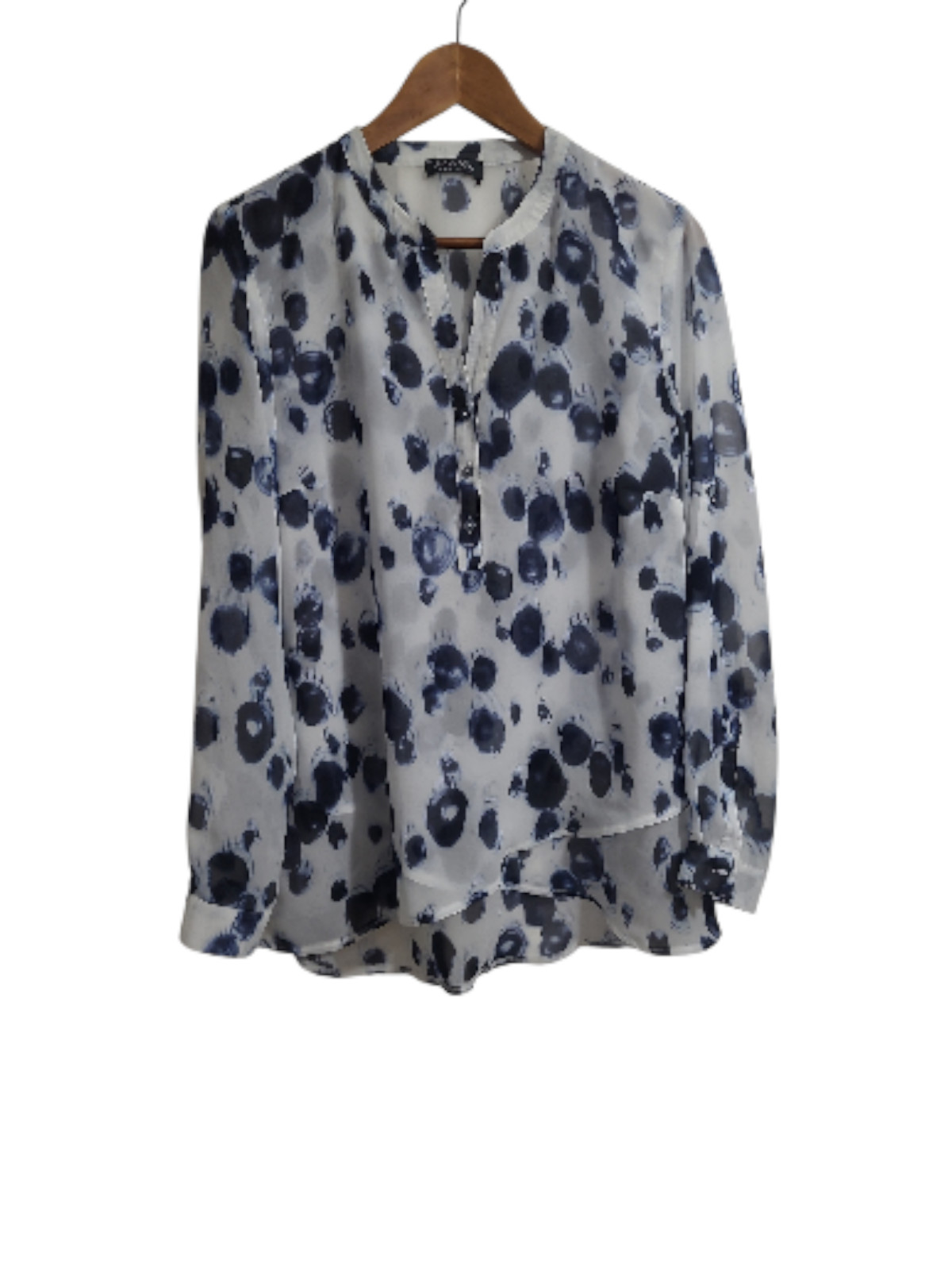 Apanage White Blue Sheer Blouse Long Sleeved Size UK 14 US 10 V-neck Light