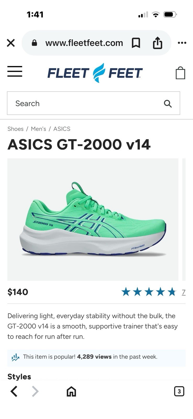 ASICS GT-2000 v14 Green Running Shoes Size 7.5 US Used Excellent Cond