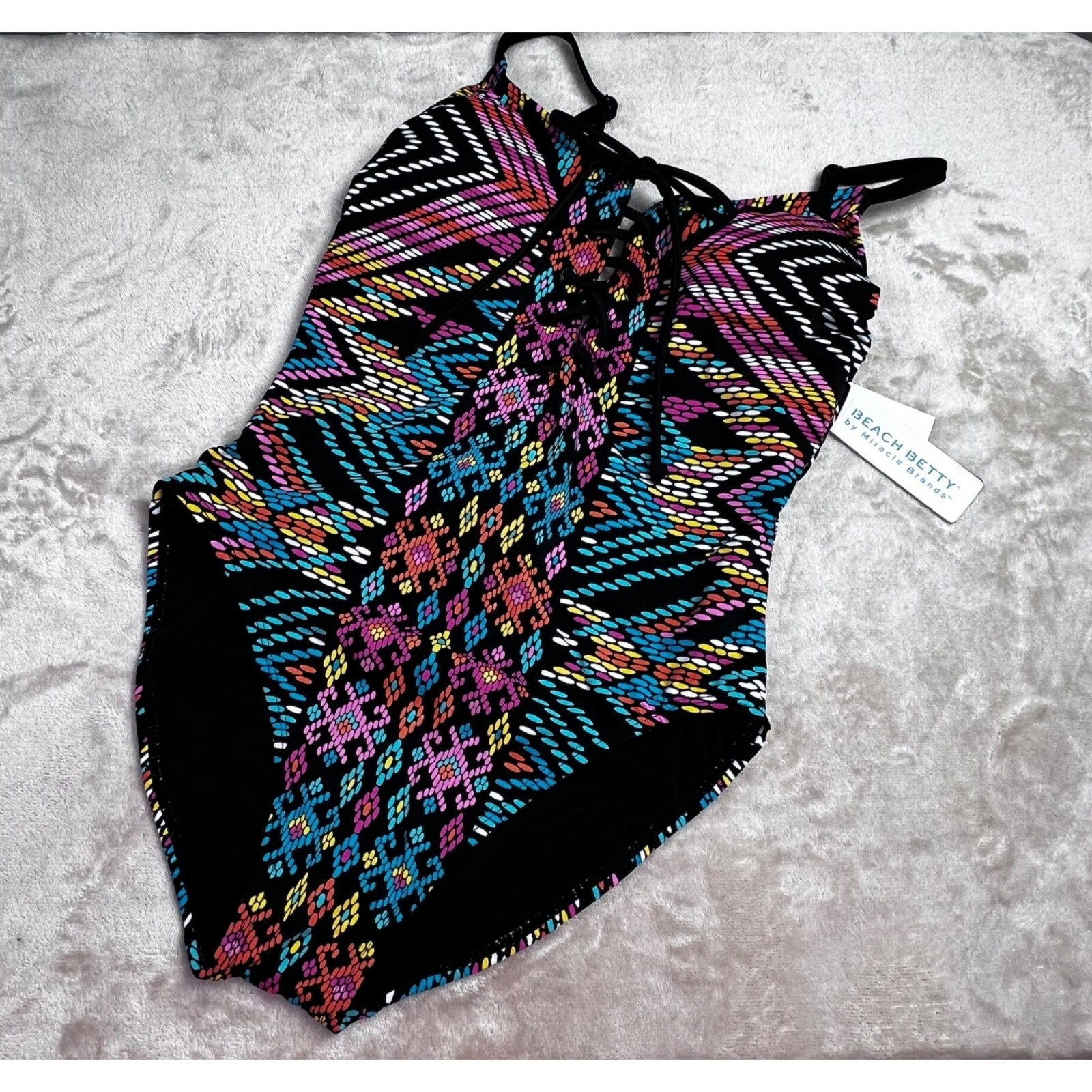 Beach Betty Miracle Brands Swimsuit size S One Piece Black Mosaic Lace Up NWT