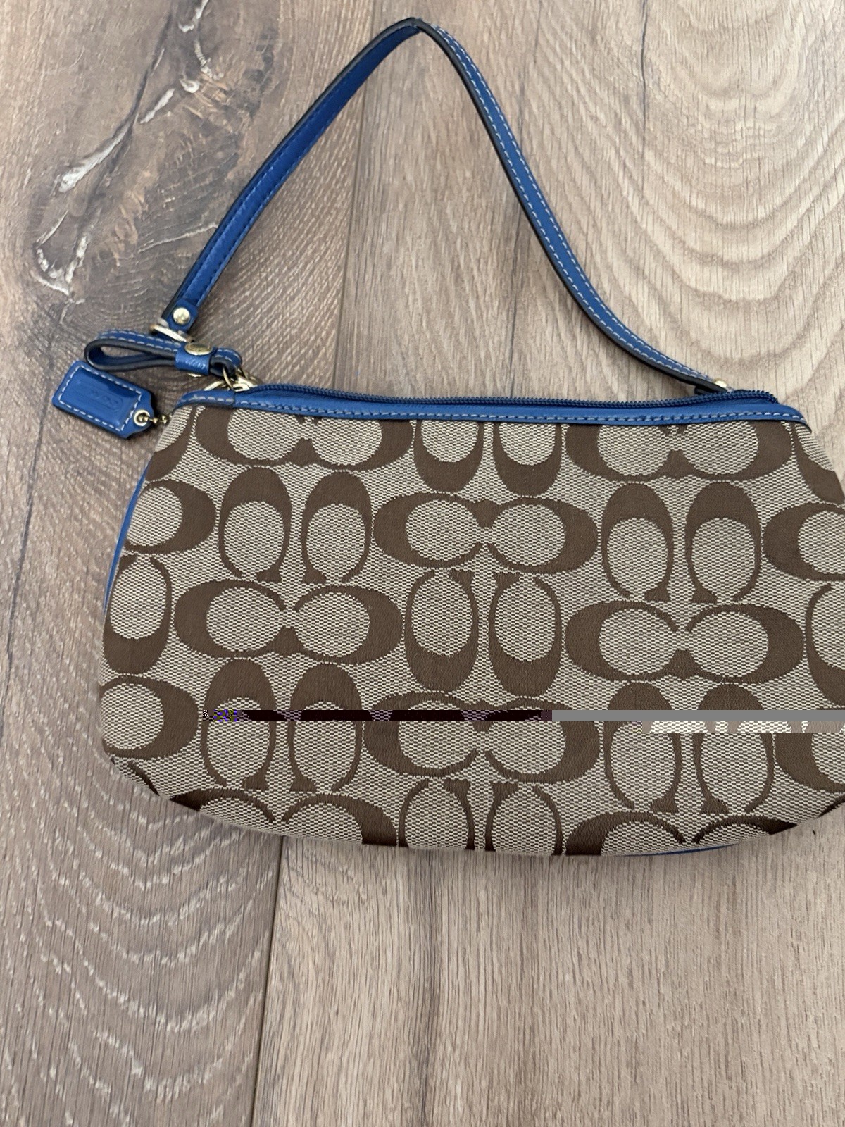 Coach Signature Logo Wristlet Small Brown with Blue Trim Zip Wrist Strap